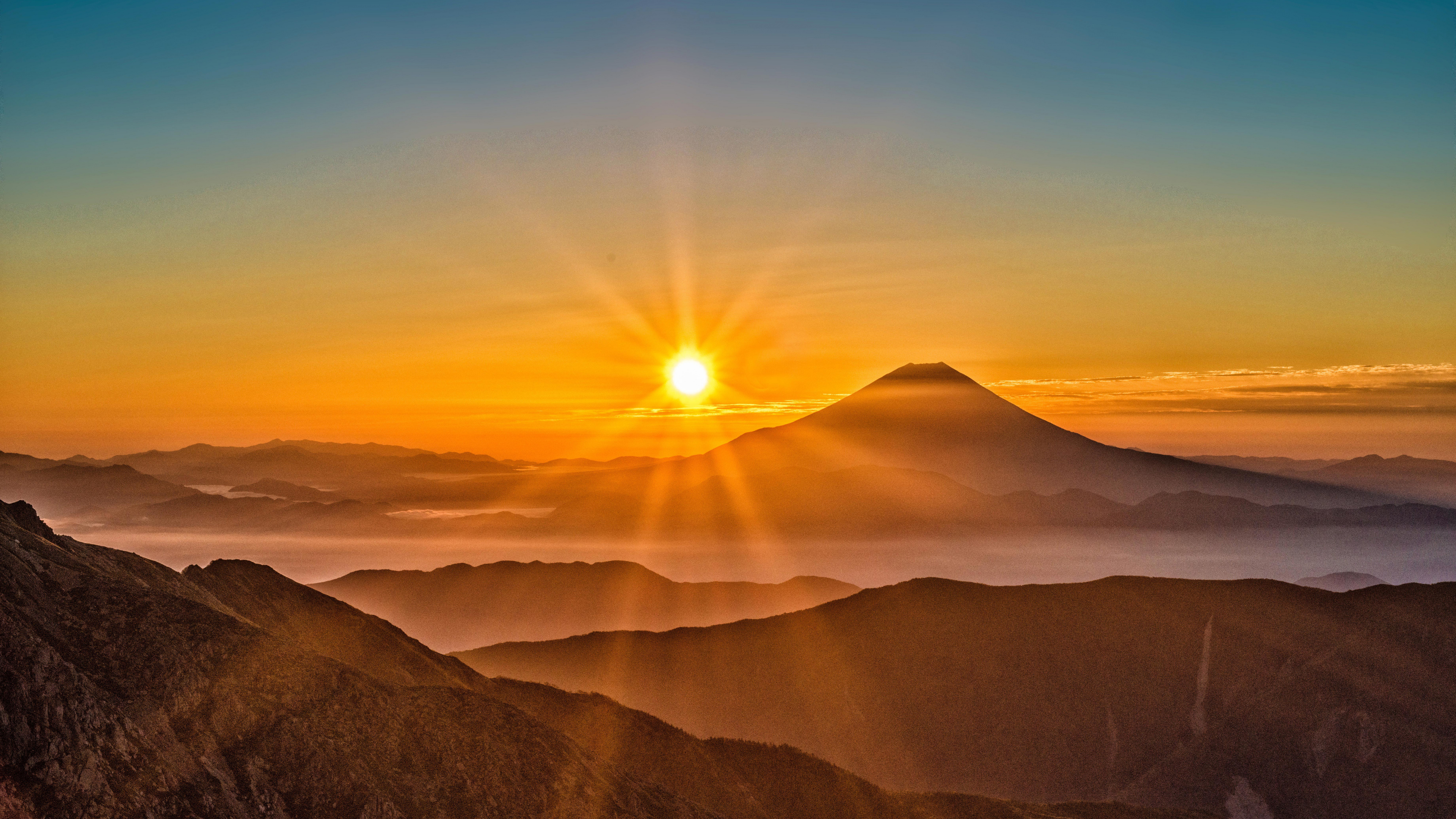 {富士山, 多山的地貌, 日出, 性质, 地平线 4K Ultra HD 壁纸,3840x2160 性质 图片,桌面背景和图片。