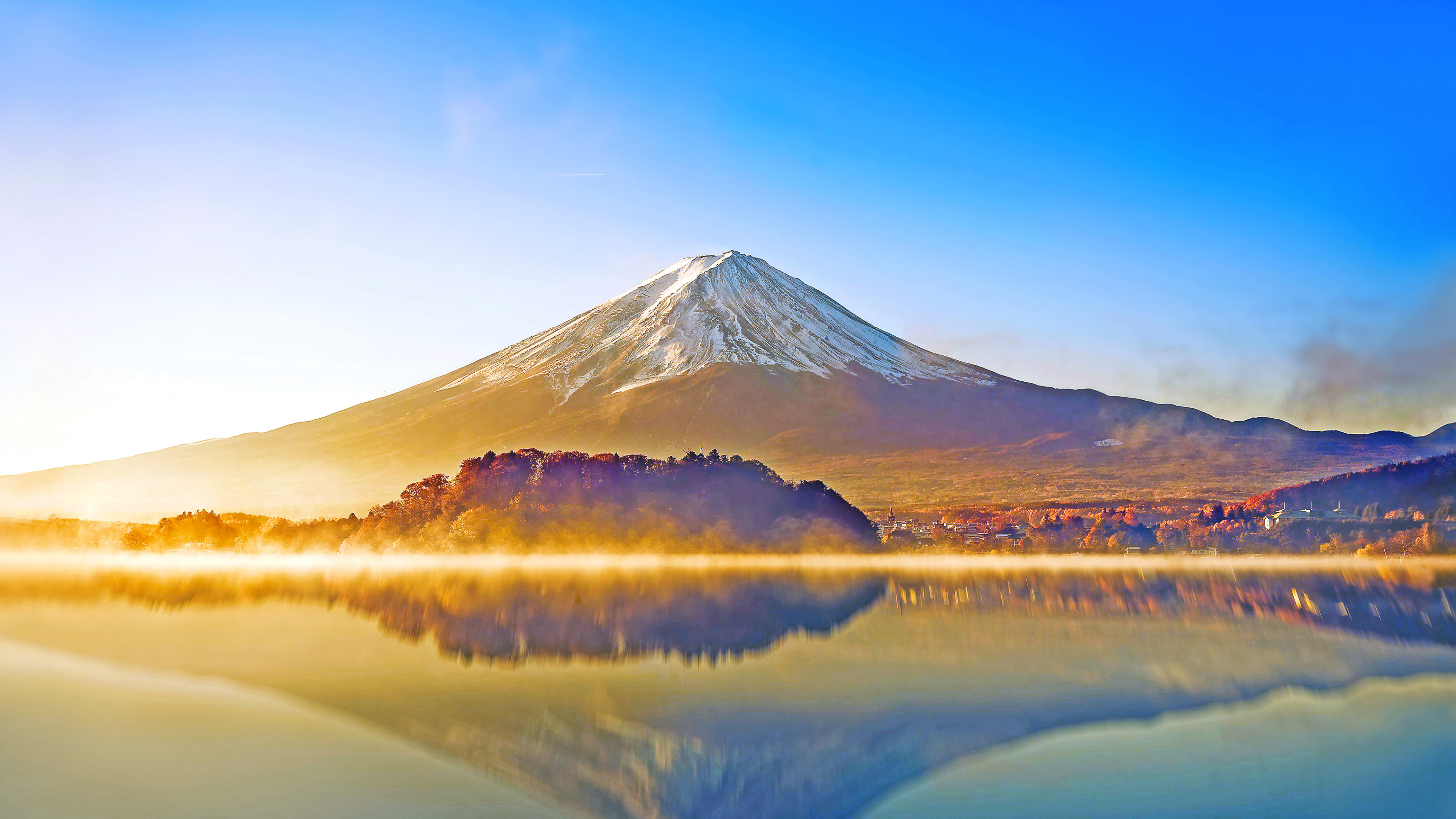 {富士山, 成层, 反射, 早上, 山脉 4K Ultra HD 壁纸,3840x2160 性质 图片,桌面背景和图片。
