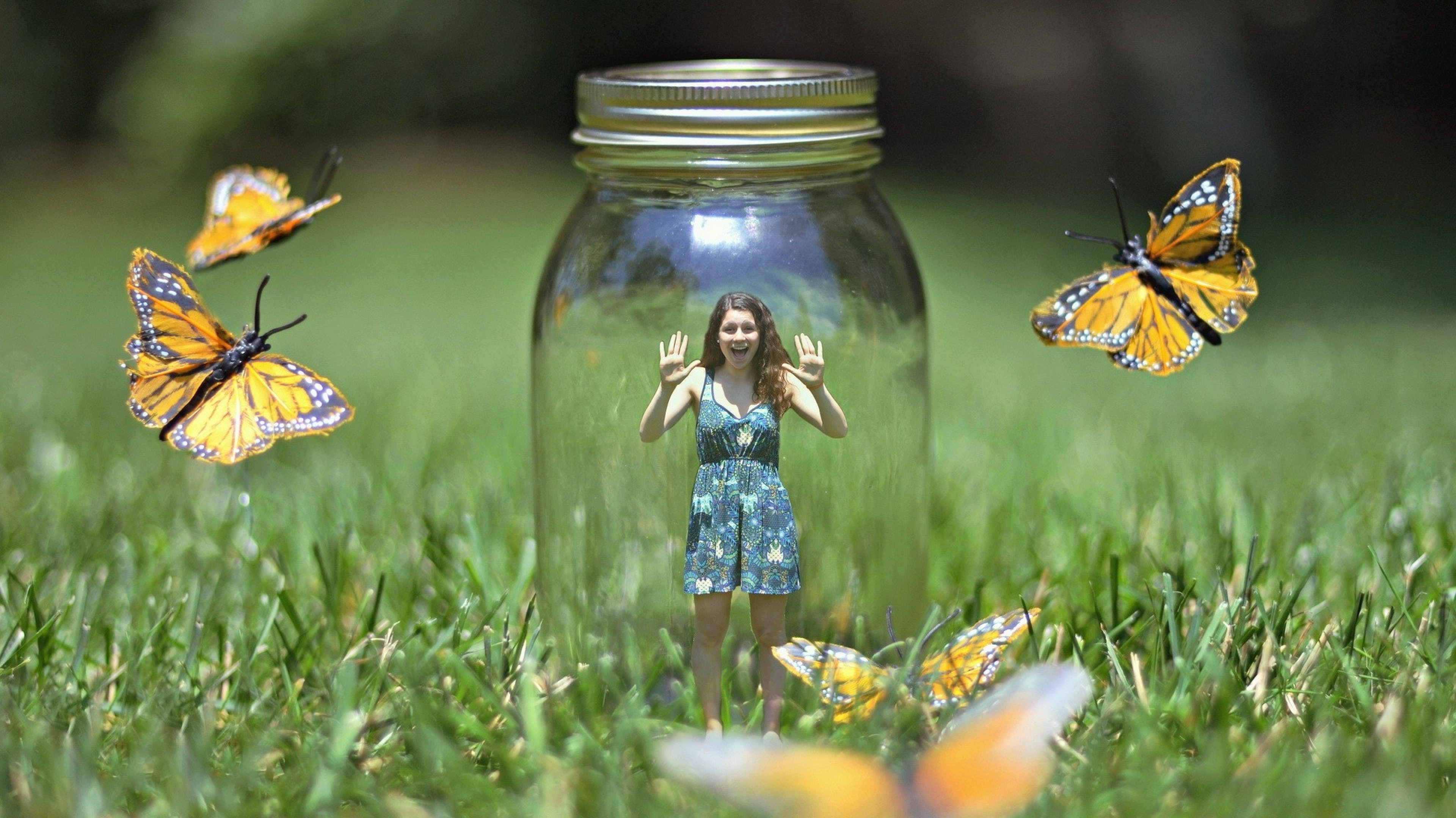 Wallpaper Girl in Blue Dress Standing on Green Grass Field, Background