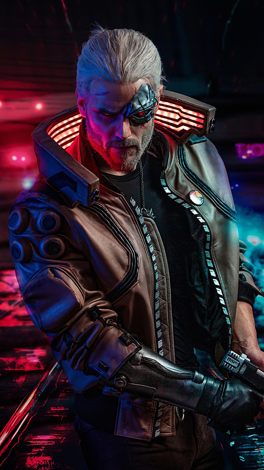 Cyberpunk 2077, Geralt de Rivia, Witcher, Performance, Obscurité. Wallpaper in 1080x1920 Resolution