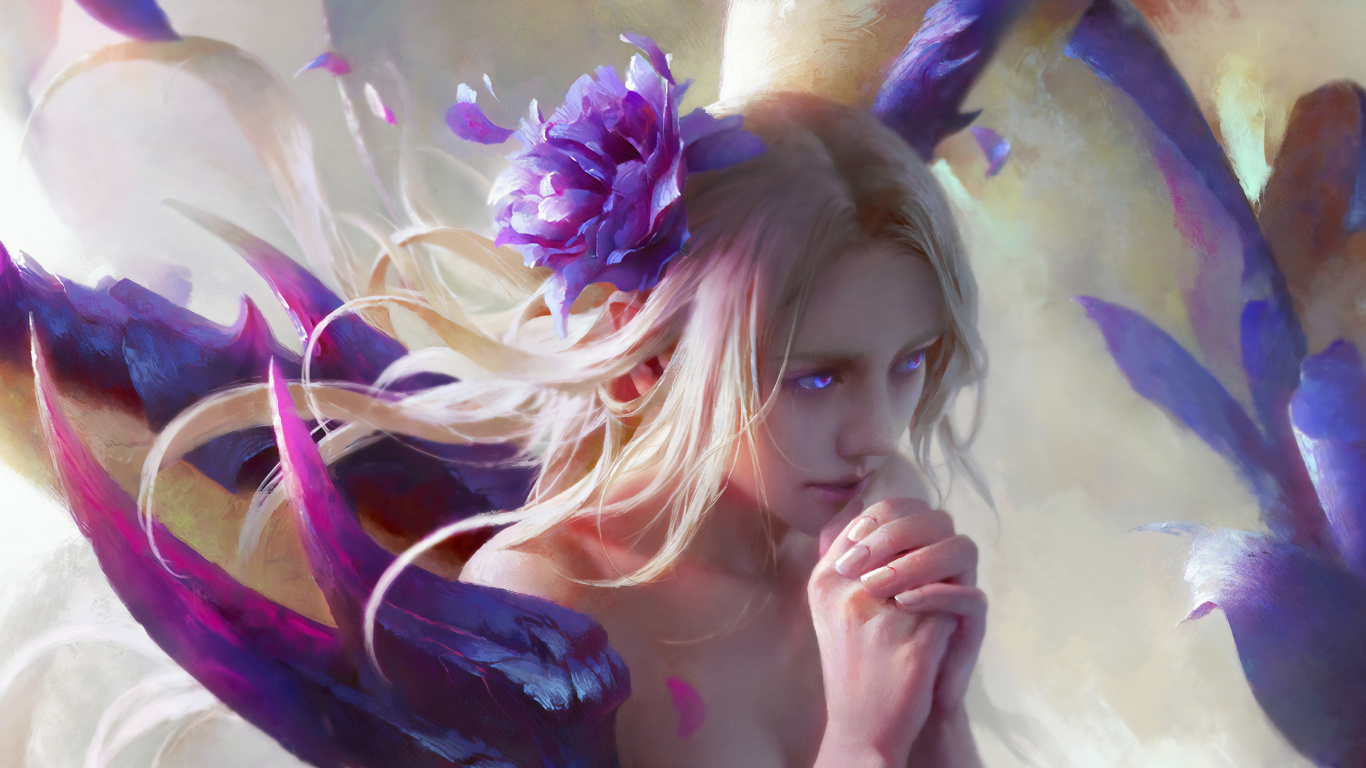 Frau im Schwarzen Kleid Mit Lila Und Weißen Haaren. Wallpaper in 1366x768 Resolution