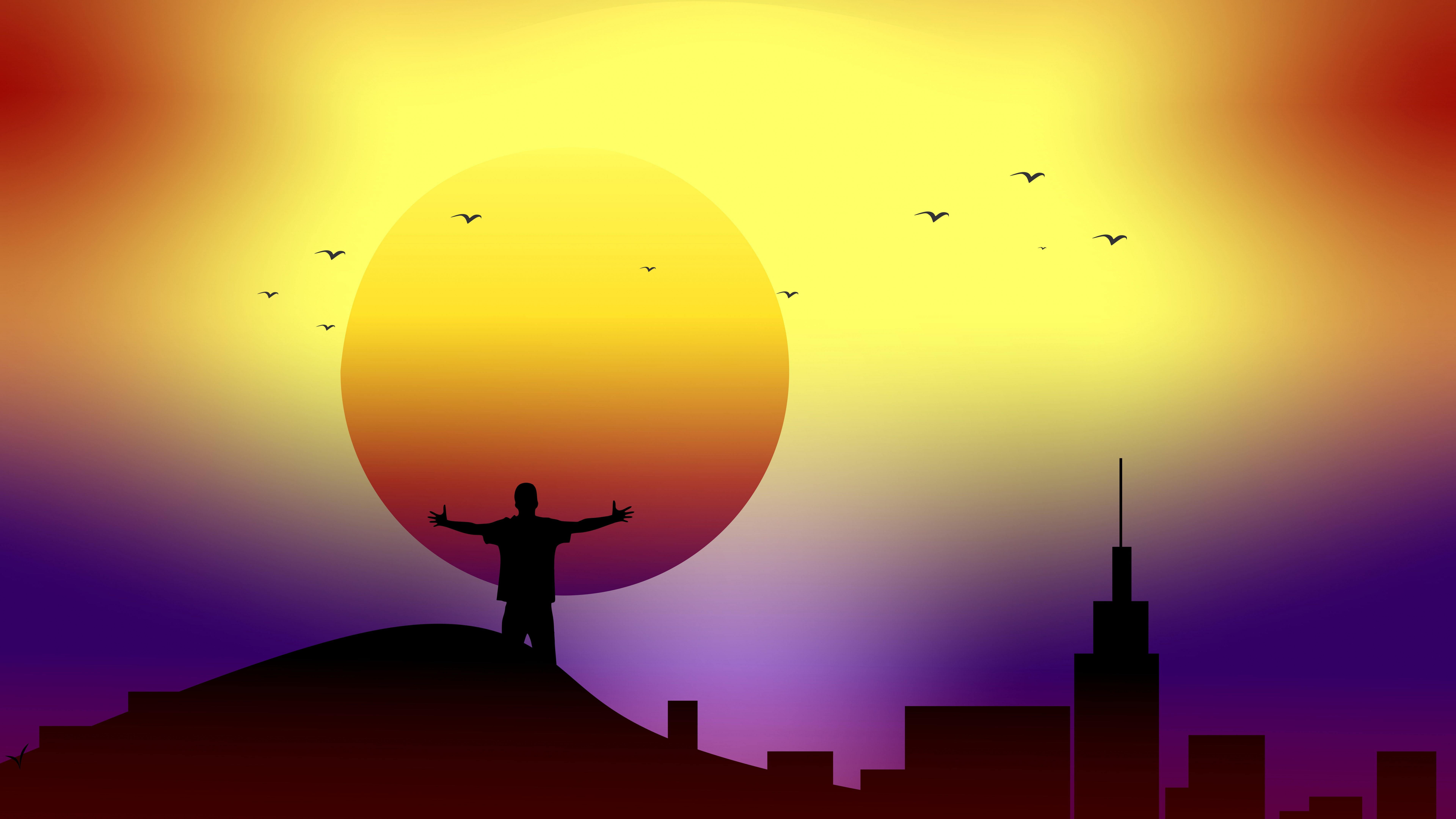 Silhouette Eines Mannes, Der Während Des Sonnenuntergangs Auf Dem Gebäude Steht. Wallpaper in 7680x4320 Resolution