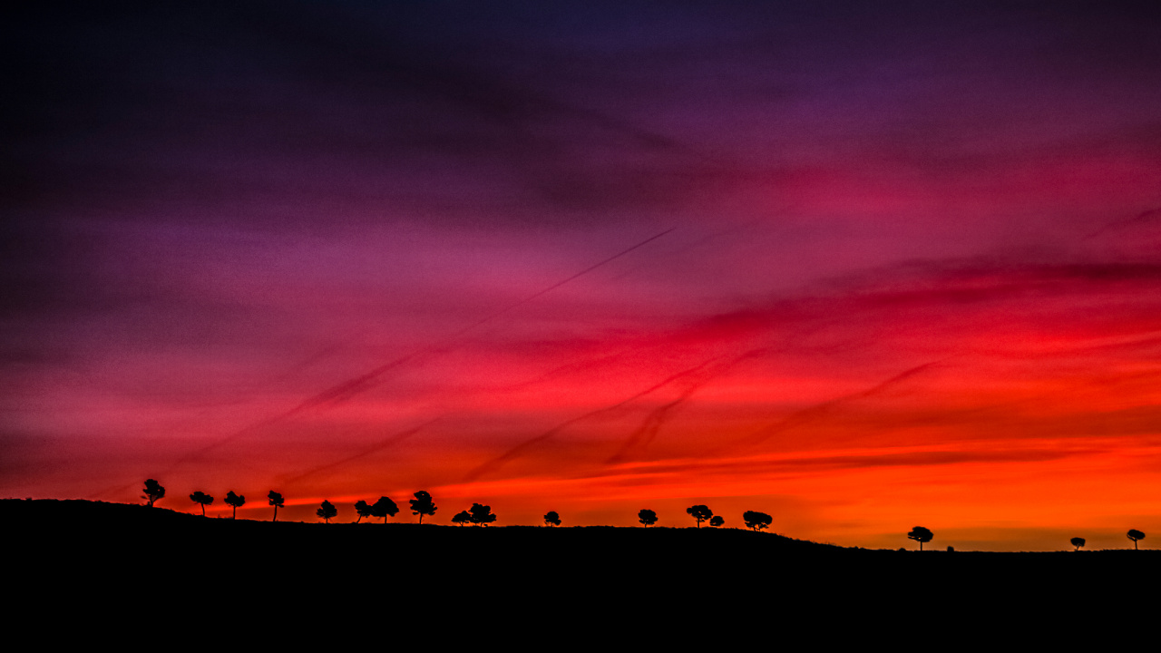Rote Landschaft, Sonnenuntergang, Morgen, Afterglow, Horizont. Wallpaper in 1280x720 Resolution