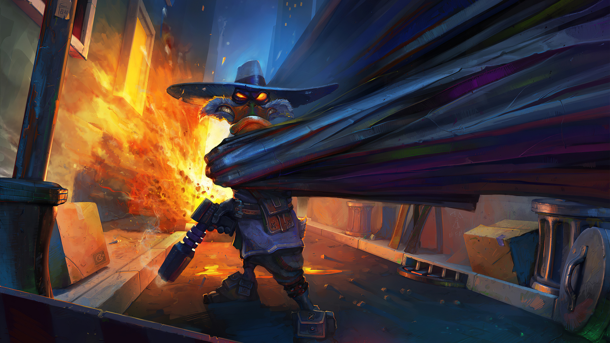 Homme en Costume Noir et Rouge Tenant un Fusil Noir et Orange. Wallpaper in 2560x1440 Resolution