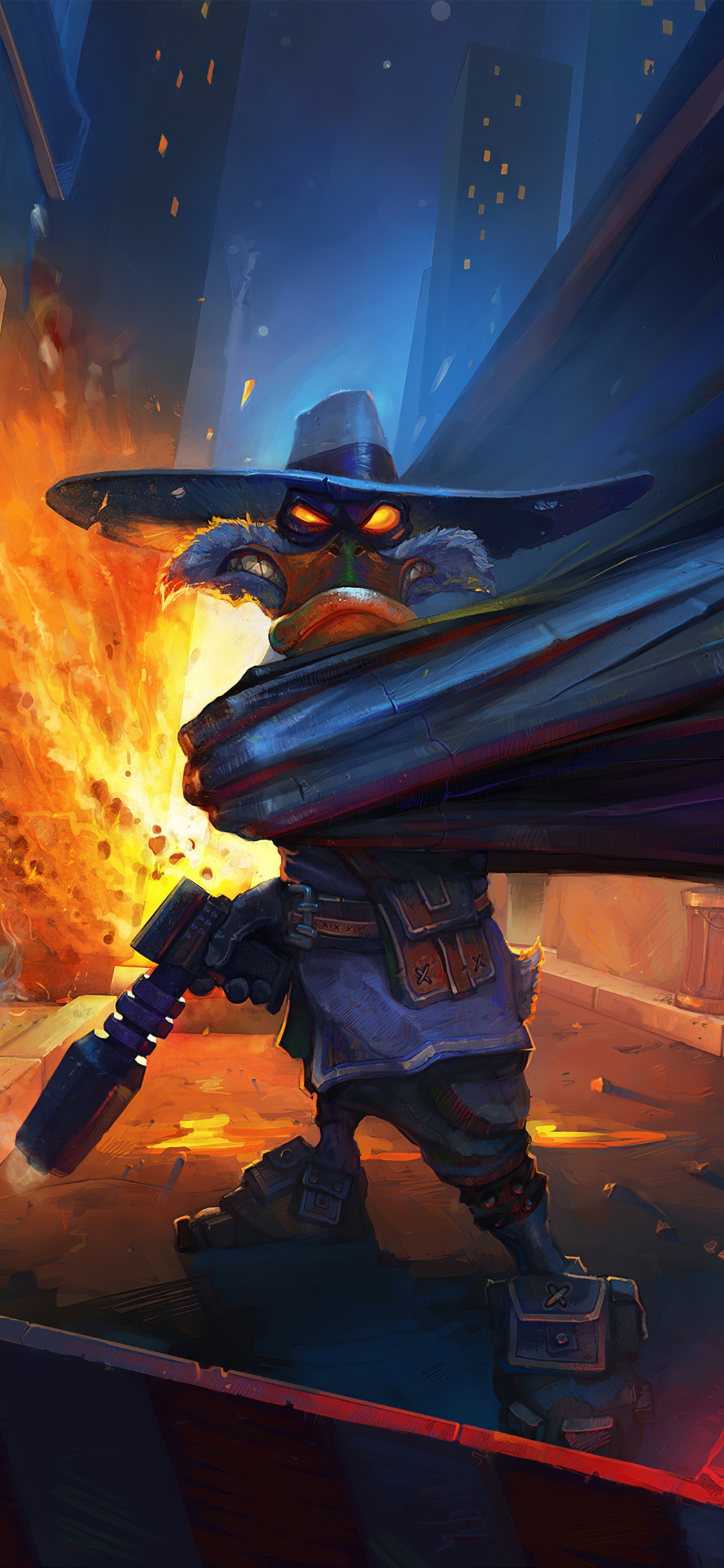 Mann im Schwarz-roten Anzug Mit Schwarzem Und Orangefarbenem Gewehr. Wallpaper in 1125x2436 Resolution