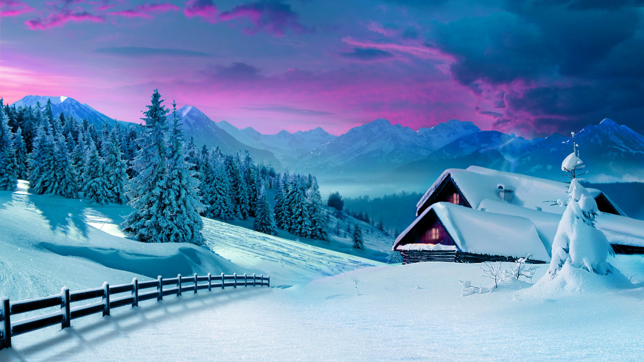 Braunes Holzhaus Auf Schneebedecktem Boden in Der Nähe Von Bäumen Und Bergen Tagsüber. Wallpaper in 1280x720 Resolution
