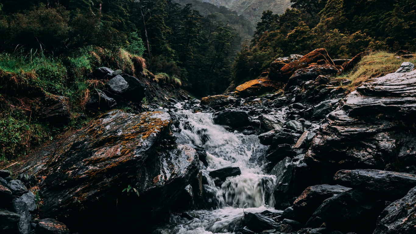 Naturaleza, Cascada, Agua, Montaña, Paisaje Natural. Wallpaper in 1366x768 Resolution
