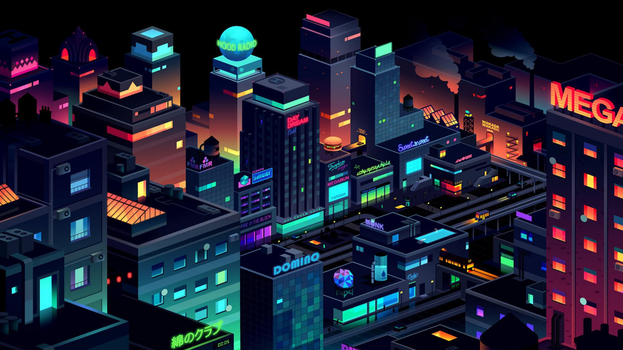 Neonstadt, Illustration, Synthwave, Gebäude, Architektur. Wallpaper in 1280x720 Resolution