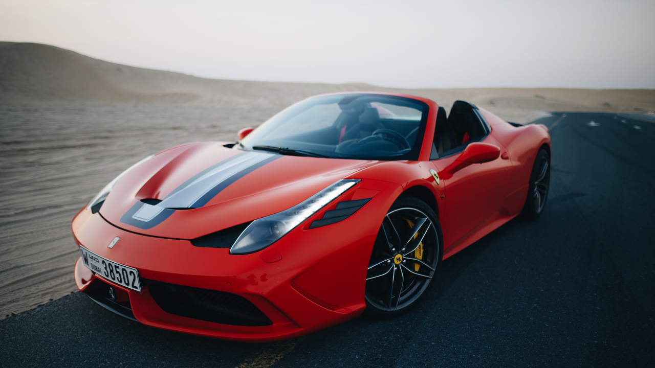 Red Ferrari Sports Car on Black Asphalt Road During Daytime. Wallpaper in 1280x720 Resolution