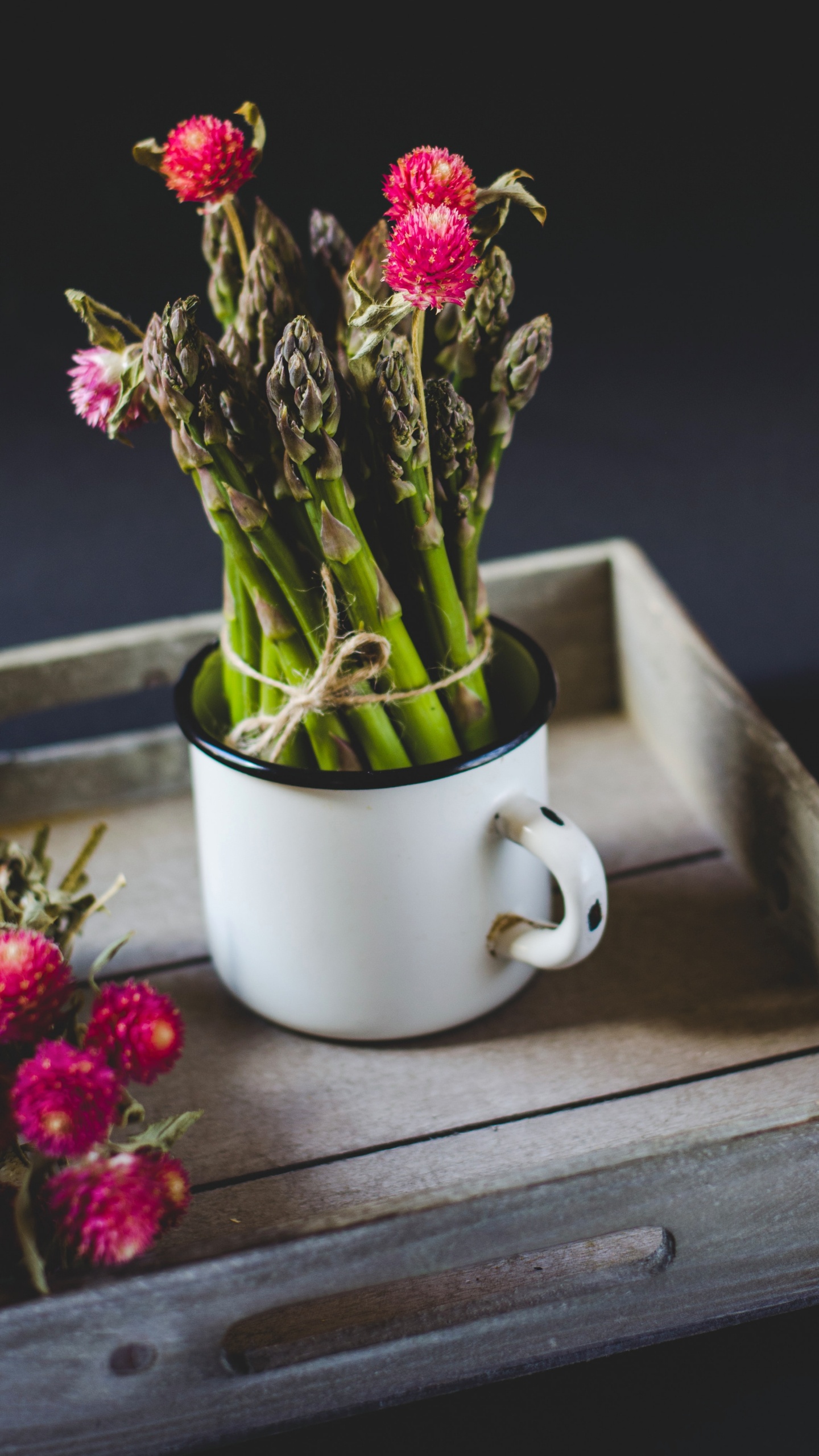 Red Flowers in White Ceramic Mug on Brown Wooden Table. Wallpaper in 1440x2560 Resolution