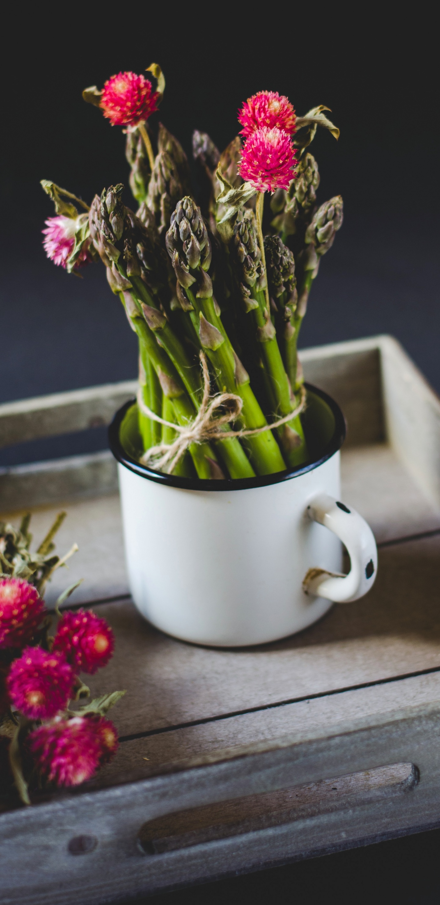 Red Flowers in White Ceramic Mug on Brown Wooden Table. Wallpaper in 1440x2960 Resolution