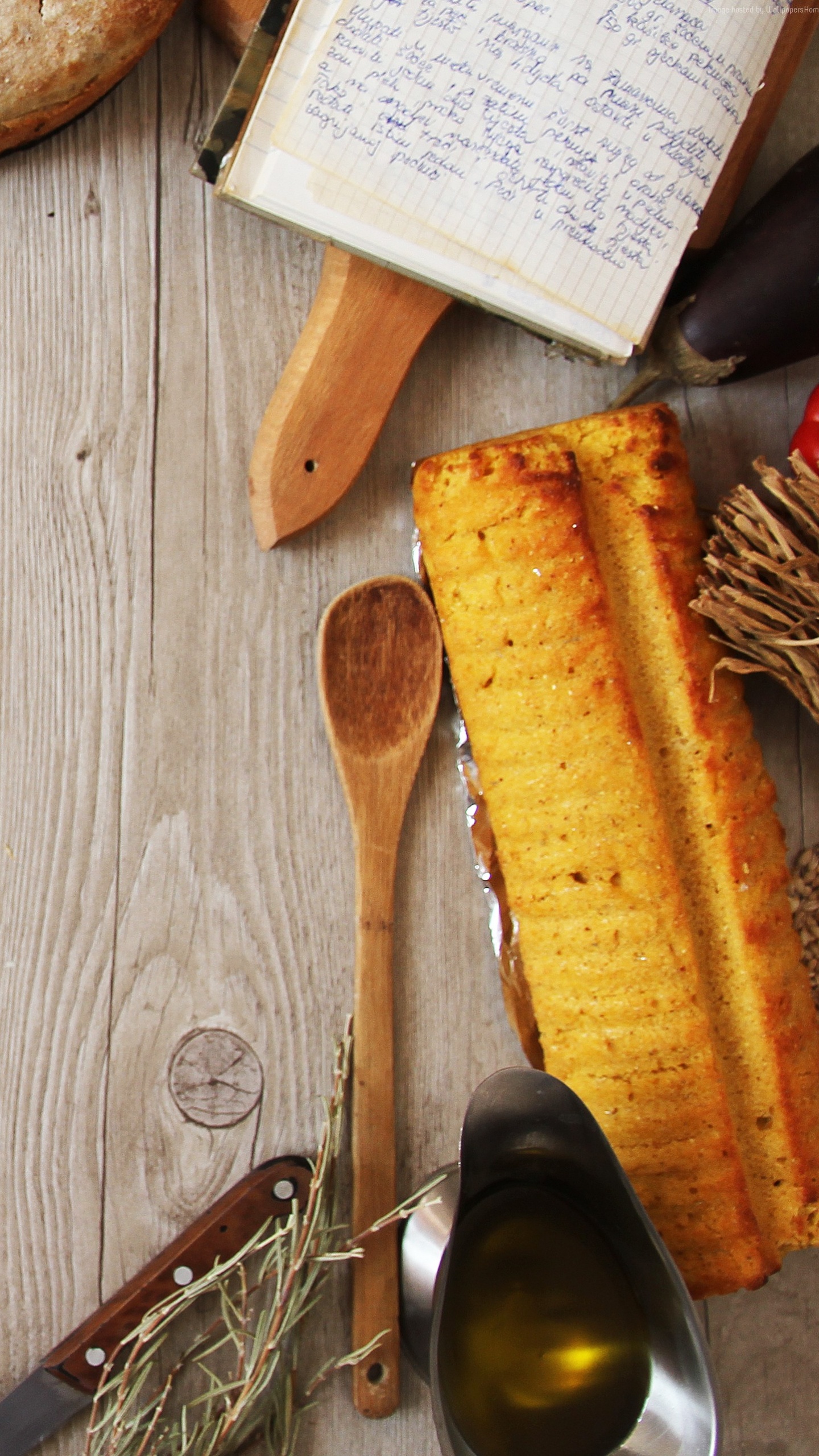 Sliced Bread on White and Blue Floral Ceramic Plate Beside Brown Wooden Ladle. Wallpaper in 1440x2560 Resolution