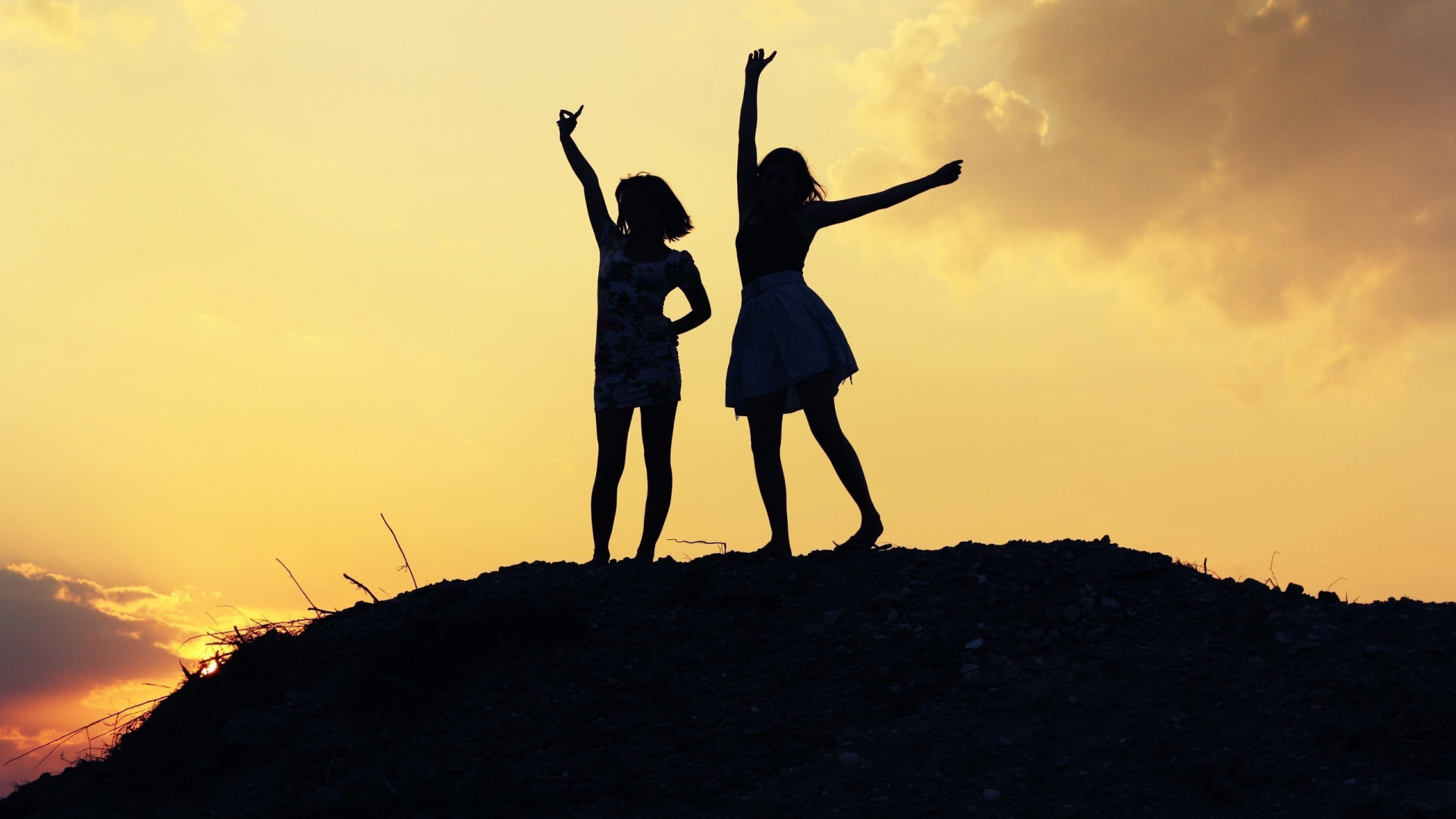 Silhouette of 2 Women Standing on Ground During Sunset. Wallpaper in 1920x1080 Resolution