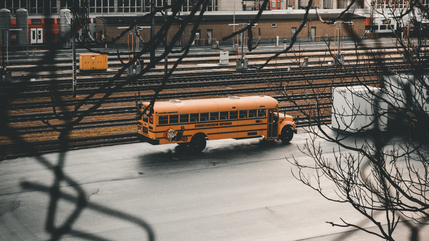 Autobús Amarillo en la Carretera Cerca de Árboles Desnudos Durante el Día. Wallpaper in 1366x768 Resolution