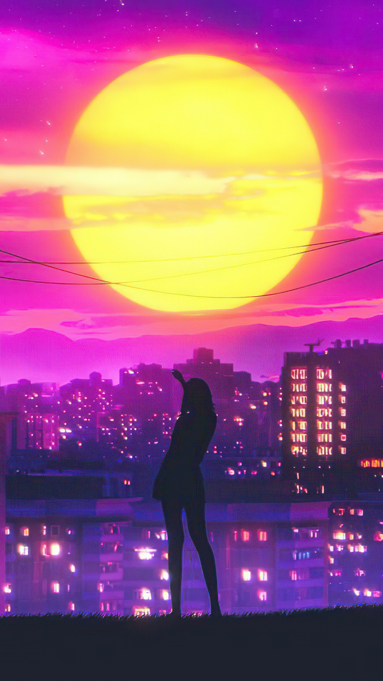 RetroWave, Bâtiment, Lumière, Purple, Afterglow. Wallpaper in 750x1334 Resolution