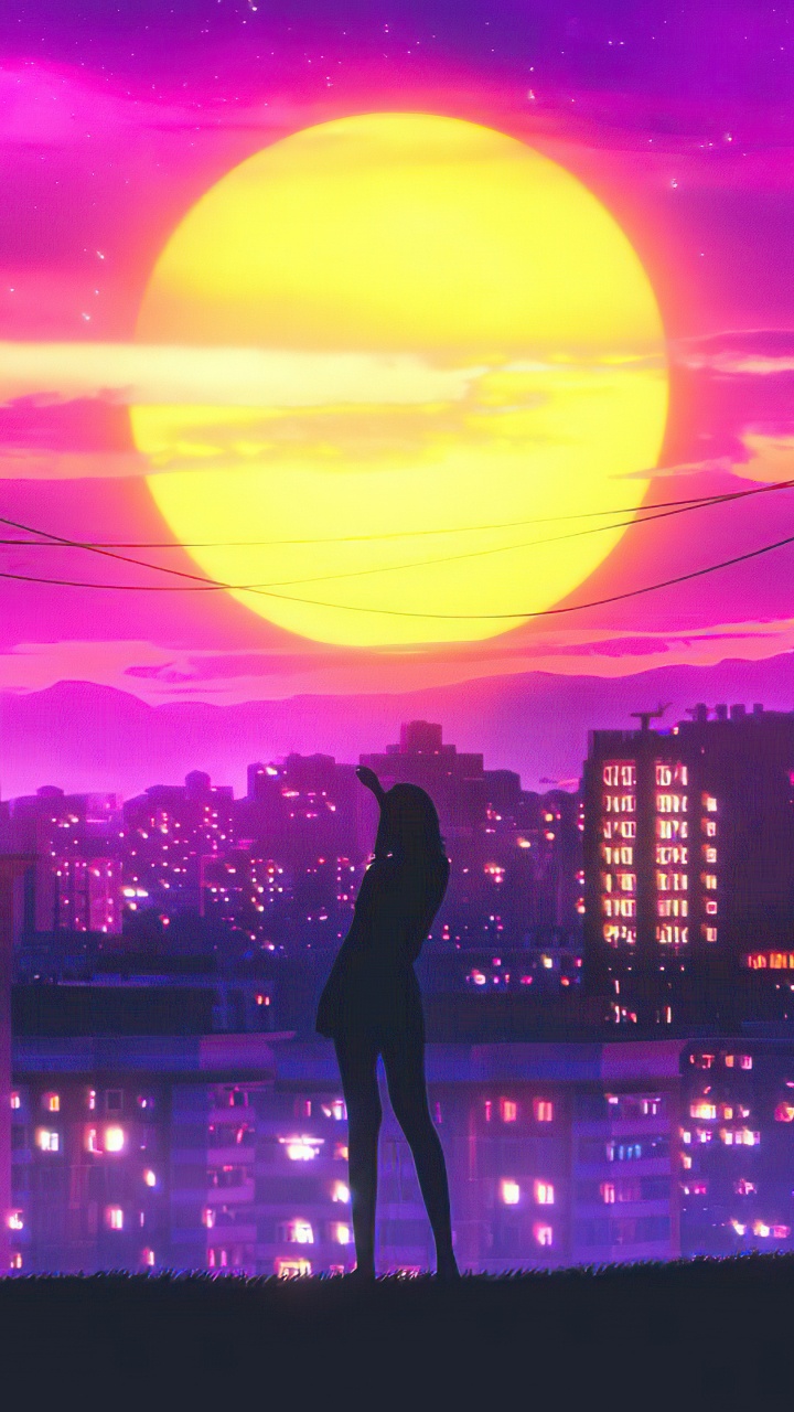 RetroWave, Cloud, Gebäude, Licht, Purpur. Wallpaper in 720x1280 Resolution