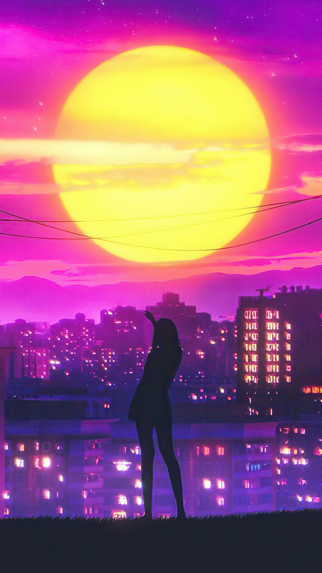 Retrowave, 光, 紫色的, 余辉, 地平线 壁纸 1080x1920 允许