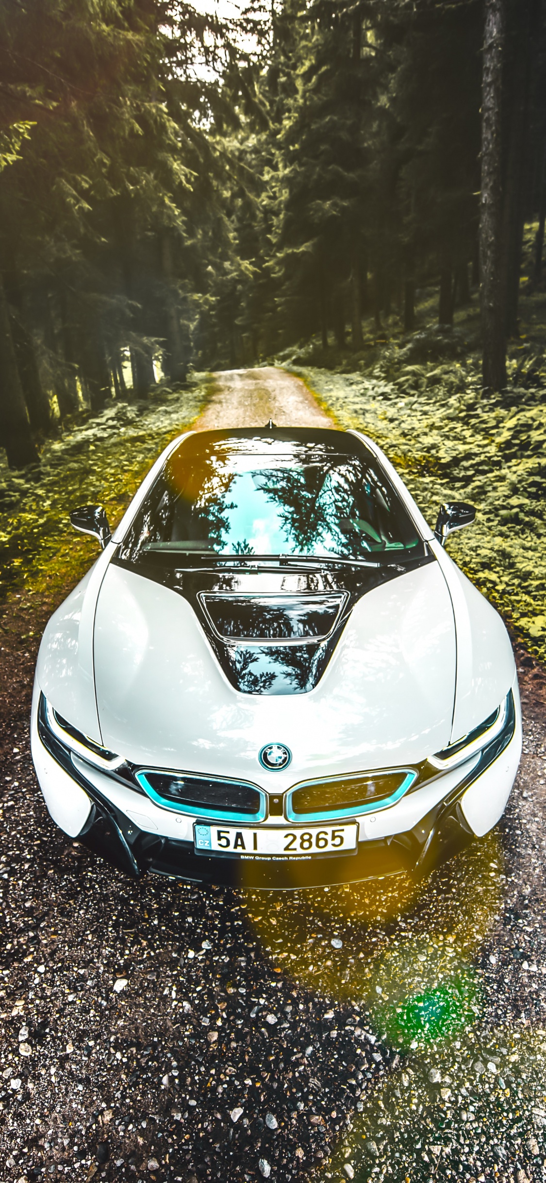 Blaues Auto Auf Der Straße Zwischen Bäumen Tagsüber. Wallpaper in 1125x2436 Resolution