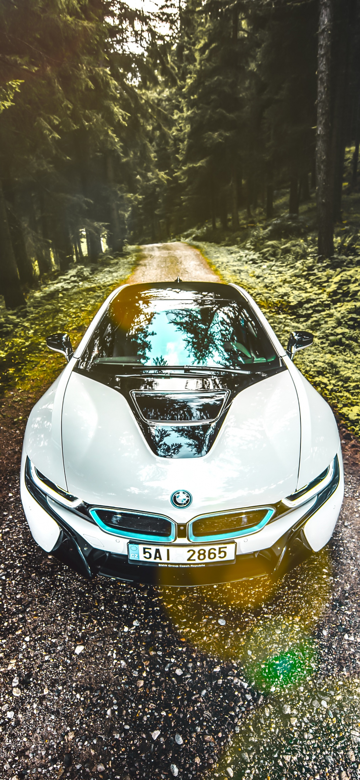 Blaues Auto Auf Der Straße Zwischen Bäumen Tagsüber. Wallpaper in 1242x2688 Resolution