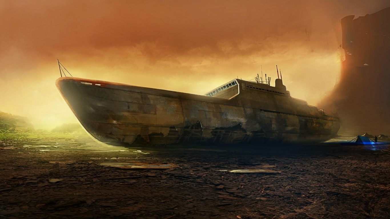 Gray Ship on Sea During Sunset. Wallpaper in 1366x768 Resolution