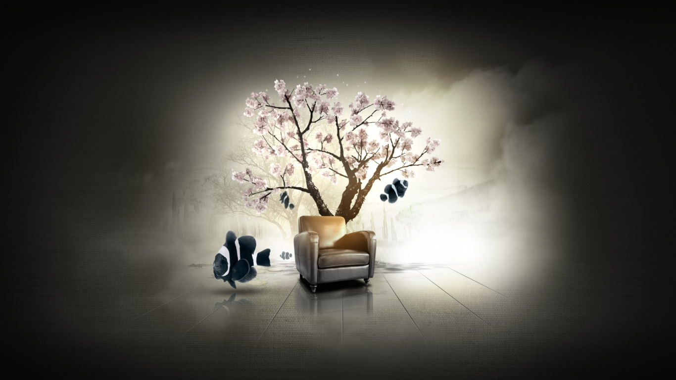 Fauteuil Rembourré Marron Encadré en Bois Marron à Côté de L'art Mural Arbre Blanc et Noir. Wallpaper in 1366x768 Resolution