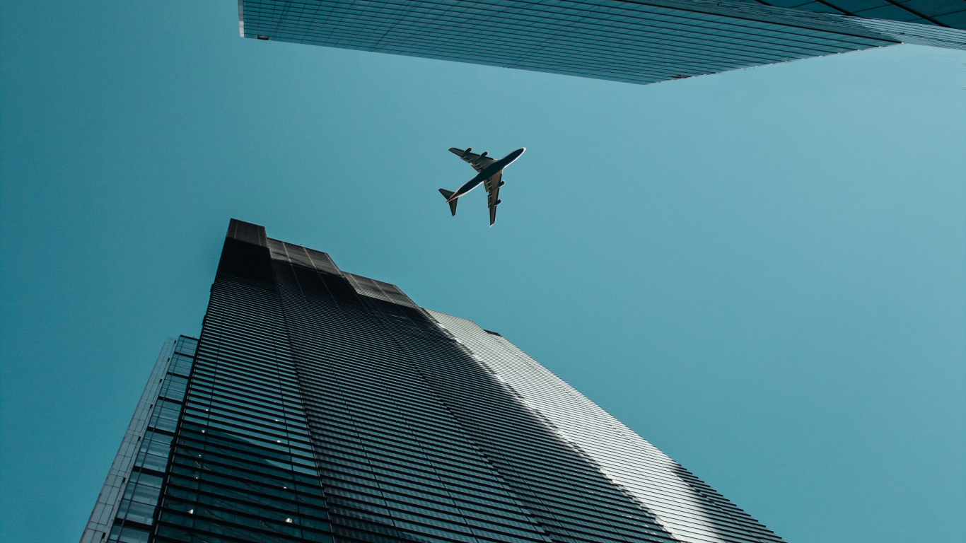 Airplane, Flight, Aircraft, Building, Skyscraper. Wallpaper in 1366x768 Resolution