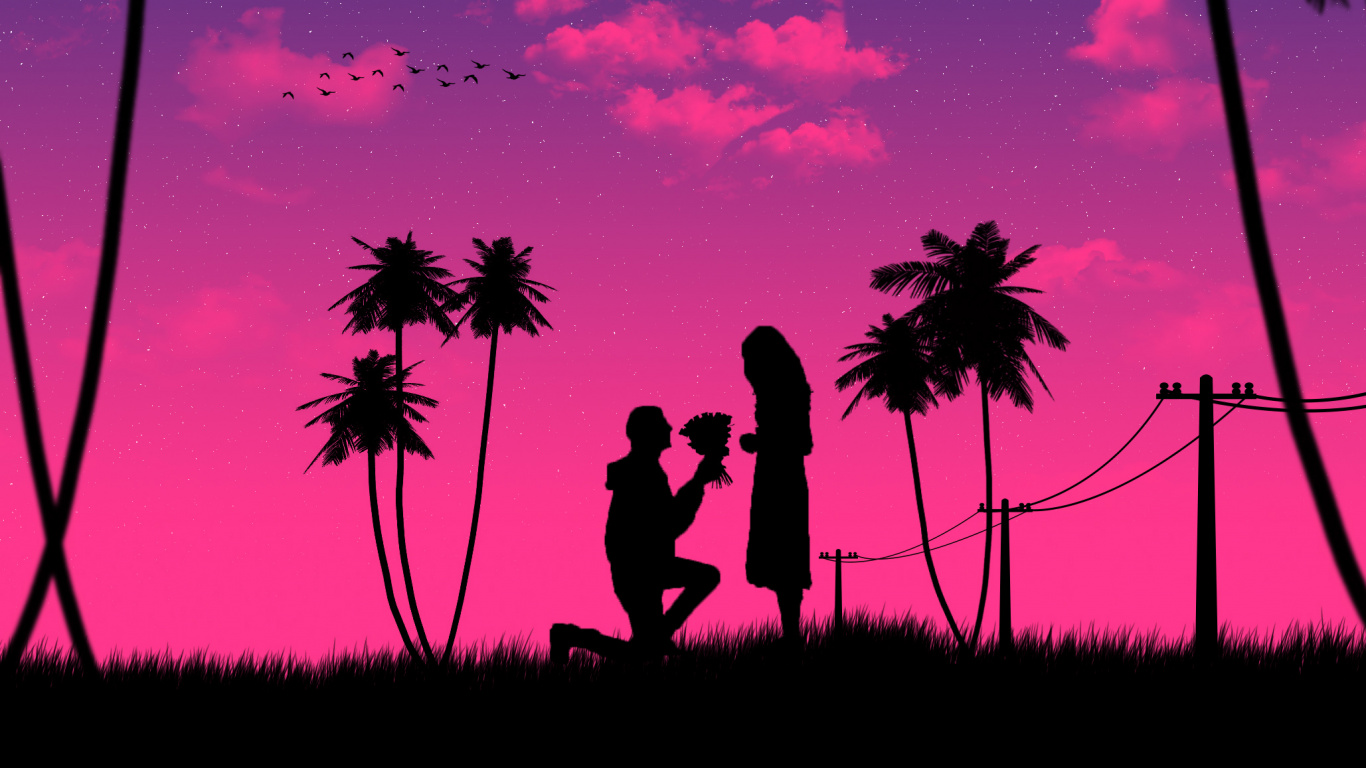浪漫, 夫妇, 人们在自然界, 粉红色, 剪影 壁纸 1366x768 允许