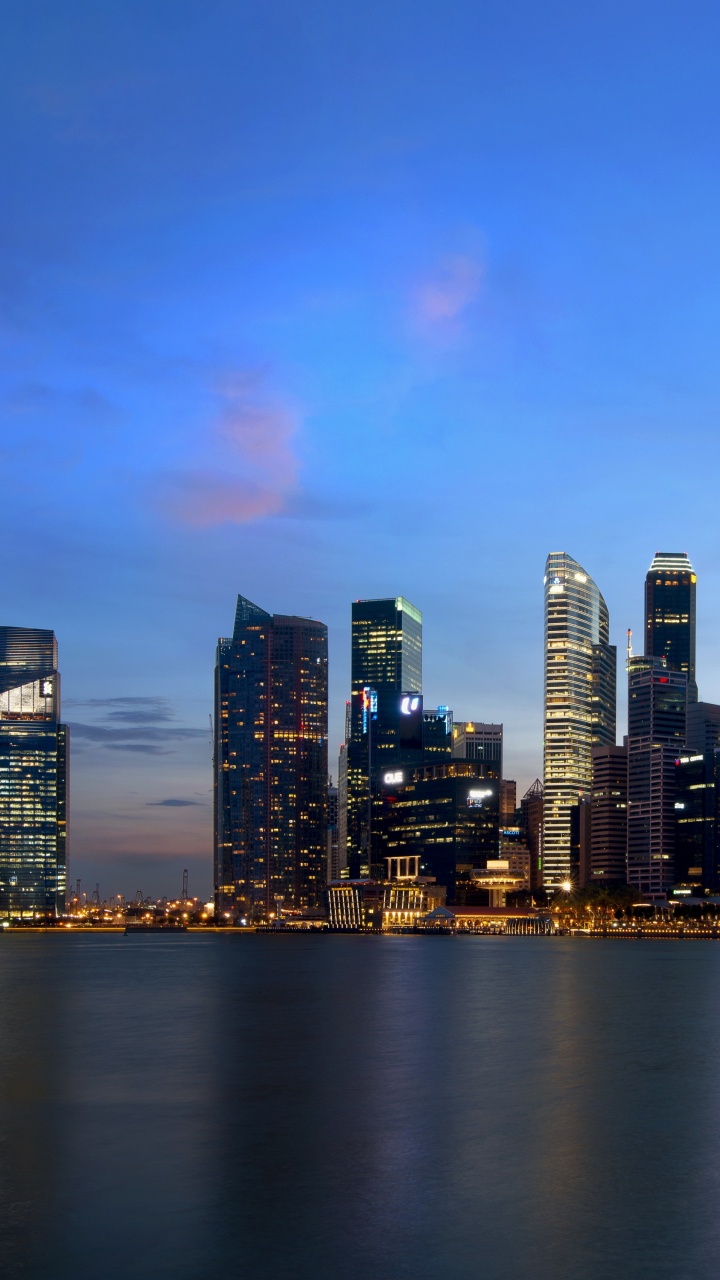 Horizonte de la Ciudad a Través Del Cuerpo de Agua Durante la Noche.. Wallpaper in 720x1280 Resolution