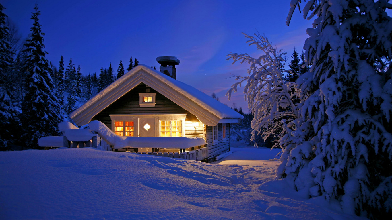 Brown Wooden House Covered With Snow During Night Time. Wallpaper in 1366x768 Resolution