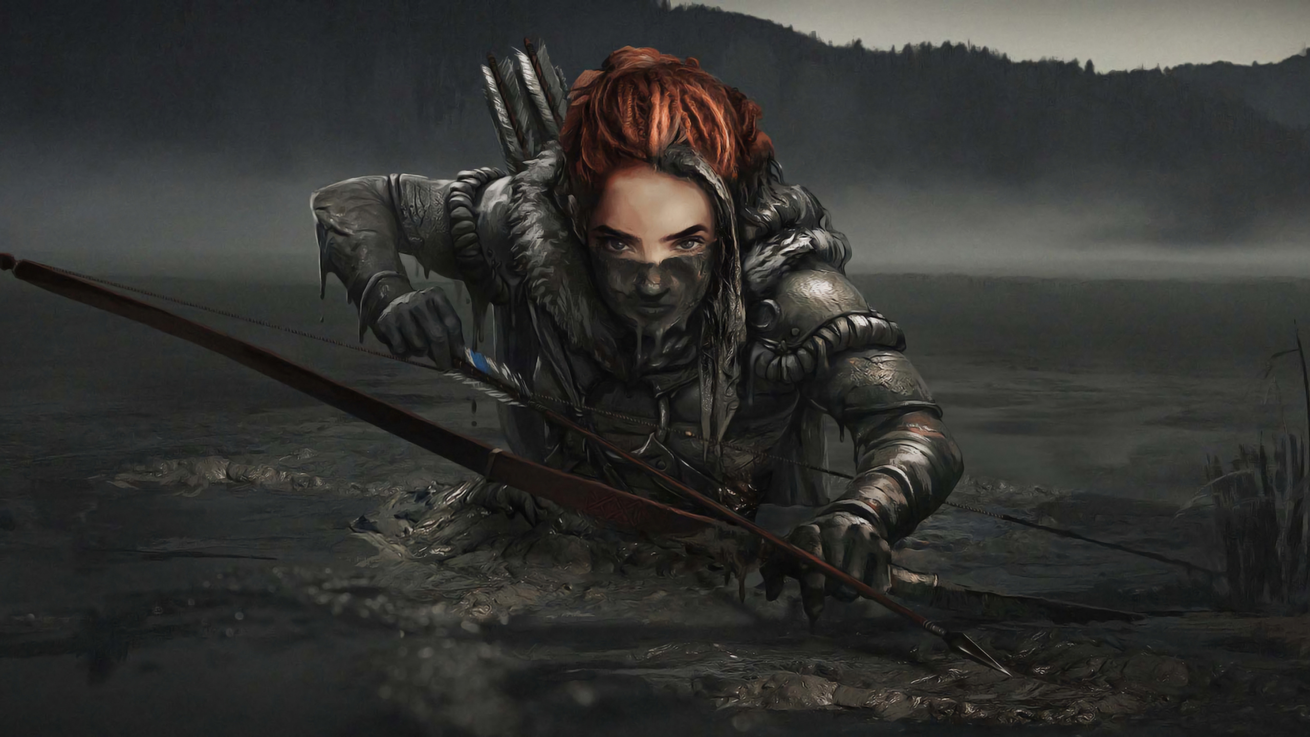 Frau in Schwarzer Lederjacke Mit Braunem Holzstab. Wallpaper in 2560x1440 Resolution