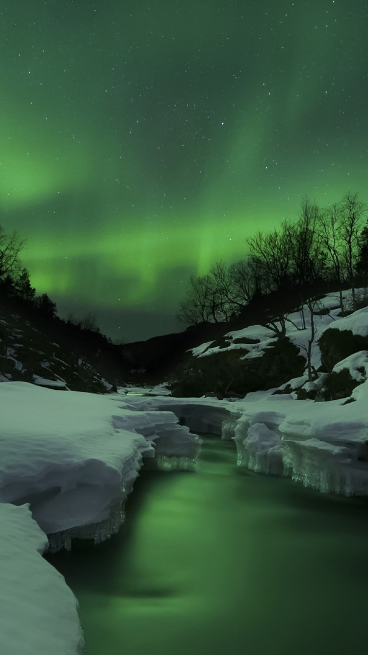 Lac au Milieu du Champ Couvert de Neige Pendant la Nuit. Wallpaper in 750x1334 Resolution