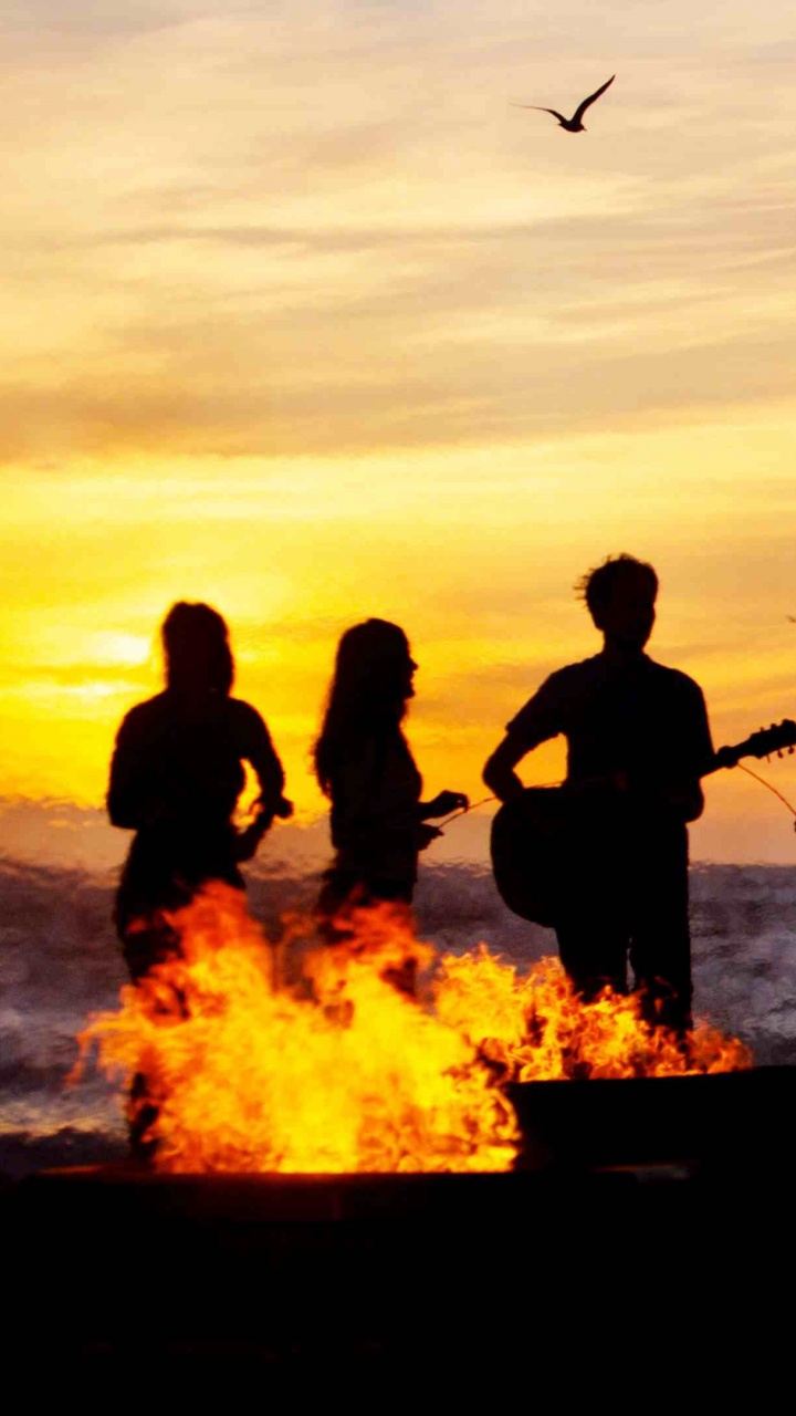 Beach, Bonfire, Beach Bonfire, Horizon, Silhouette. Wallpaper in 720x1280 Resolution