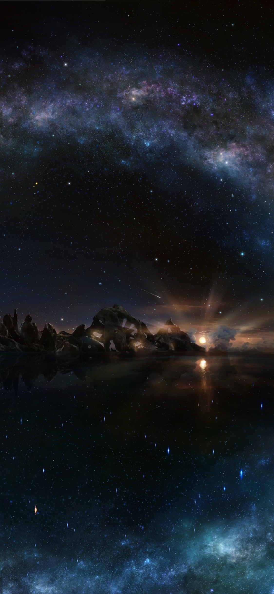 Cuerpo de Agua Bajo la Noche Estrellada. Wallpaper in 1125x2436 Resolution