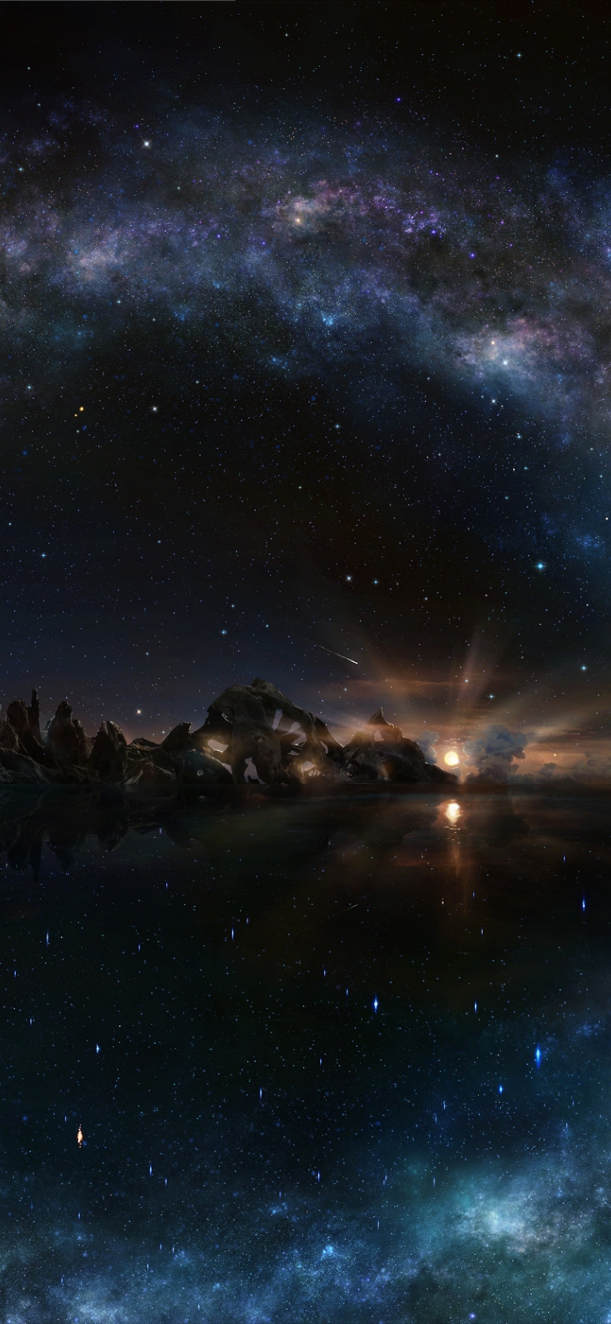 Cuerpo de Agua Bajo la Noche Estrellada. Wallpaper in 1242x2688 Resolution