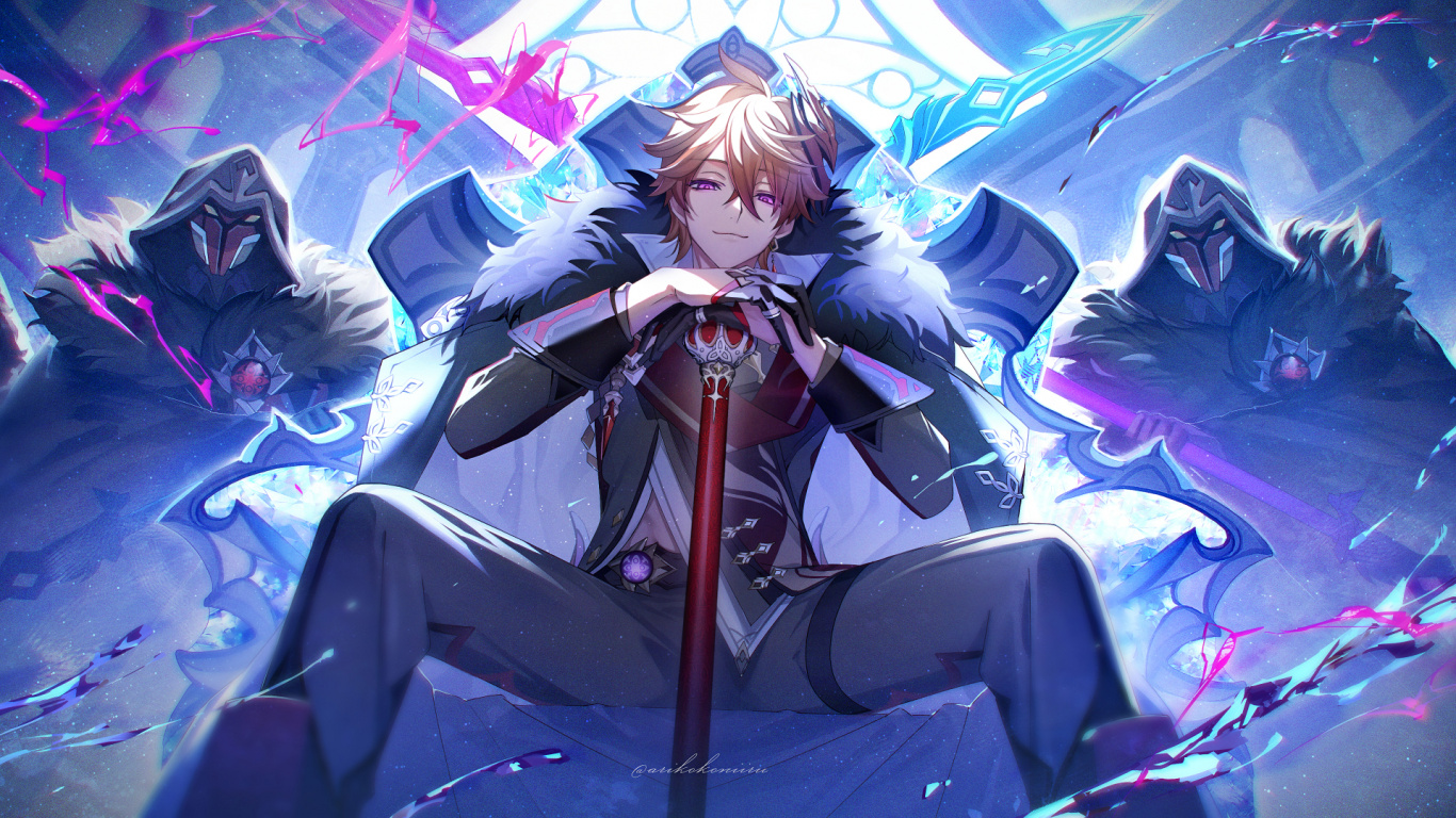 L'anime, Impact de Genshin, Manche, Cartoon, Purple. Wallpaper in 1366x768 Resolution