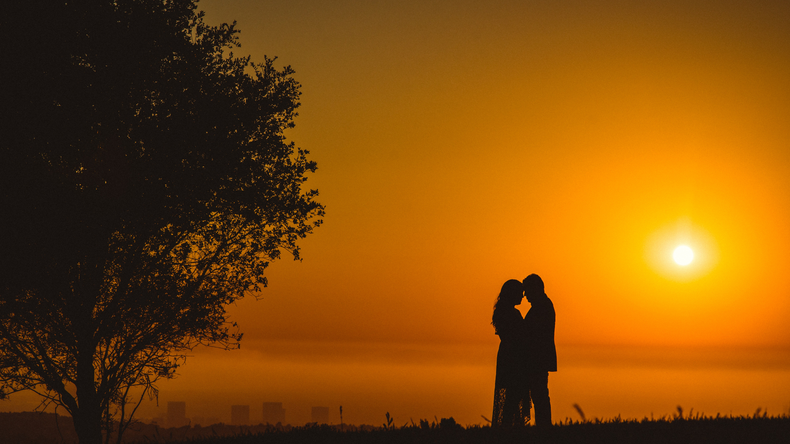 Romanticismo, Puesta, Silueta, Pareja, Beso. Wallpaper in 2560x1440 Resolution