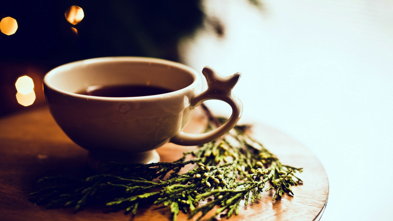 White Ceramic Cup on Brown Dried Leaves. Wallpaper in 1366x768 Resolution
