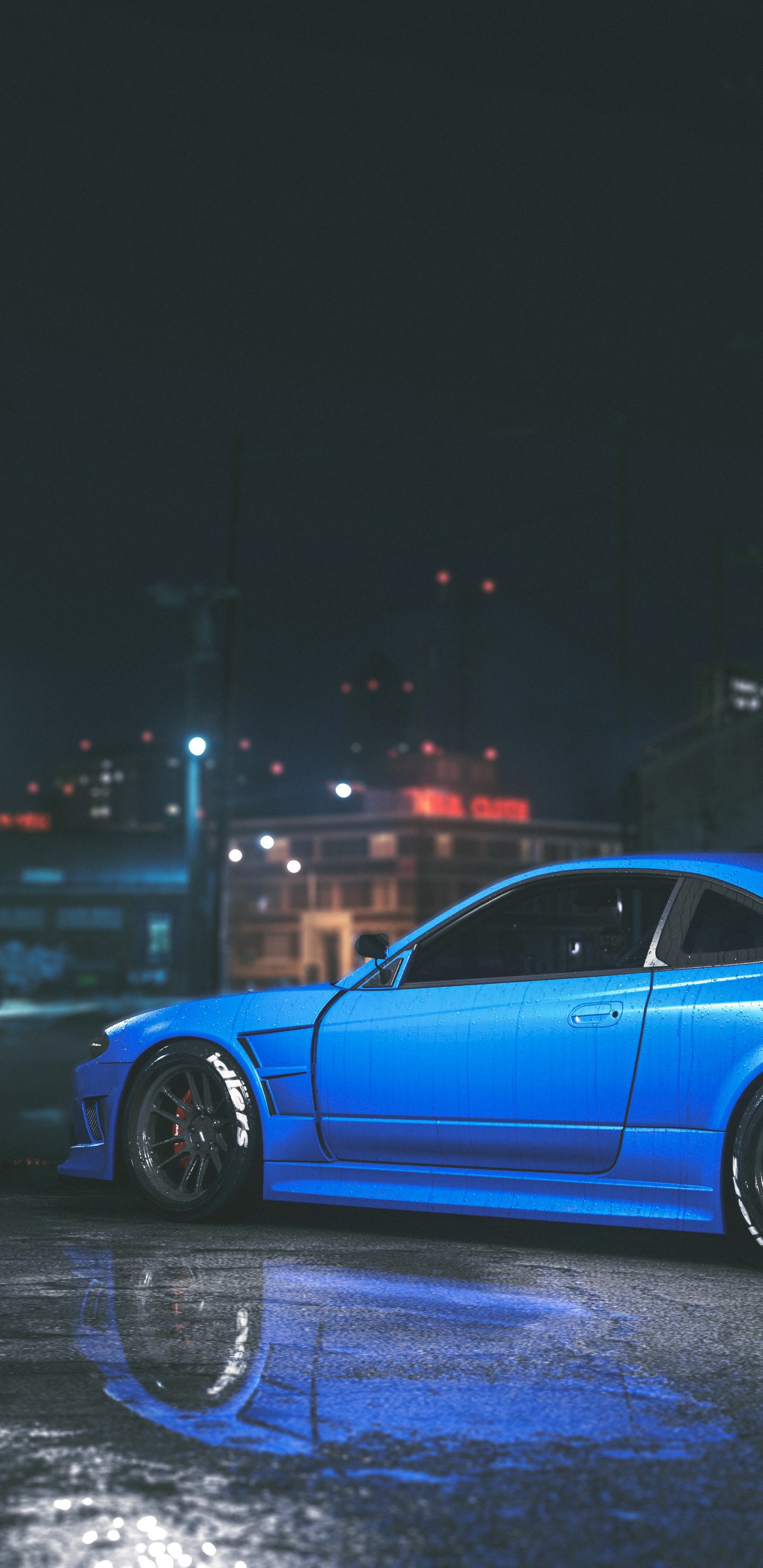 Coupé Bleu Sur Route Pendant la Nuit. Wallpaper in 1440x2960 Resolution