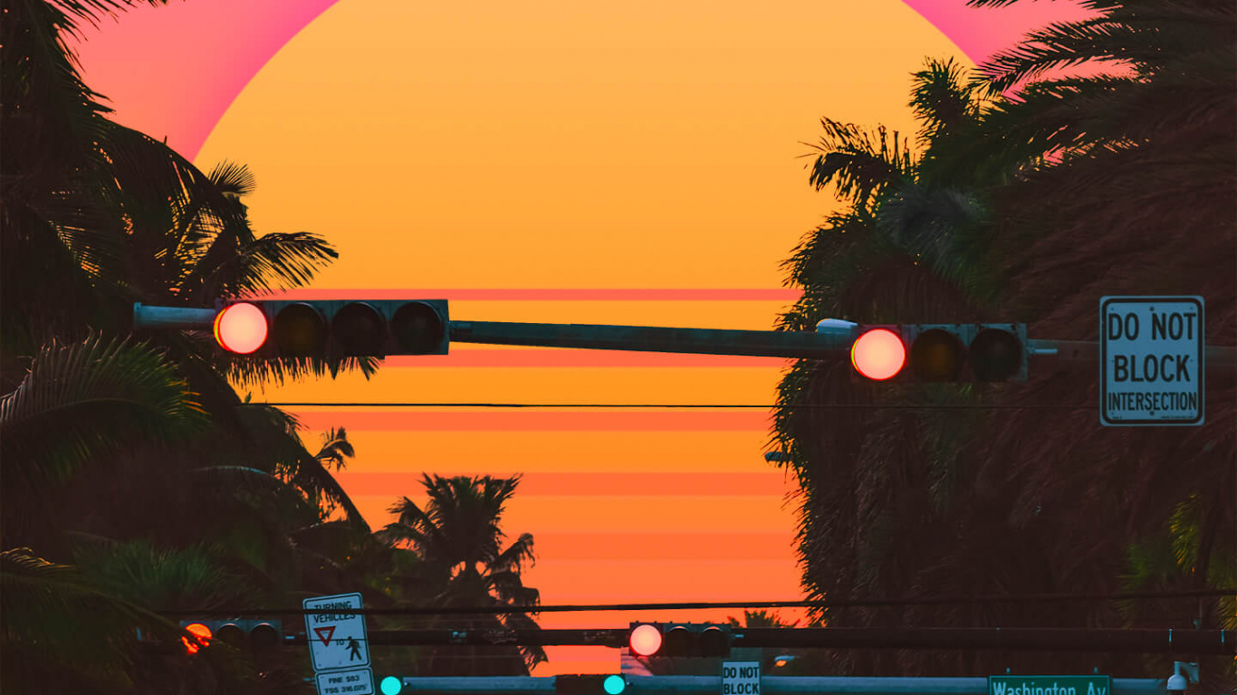 Coucher de Soleil Sur Les Ondes de Vapeur, Icanvas, Art, Affiche, Synthwave. Wallpaper in 1366x768 Resolution