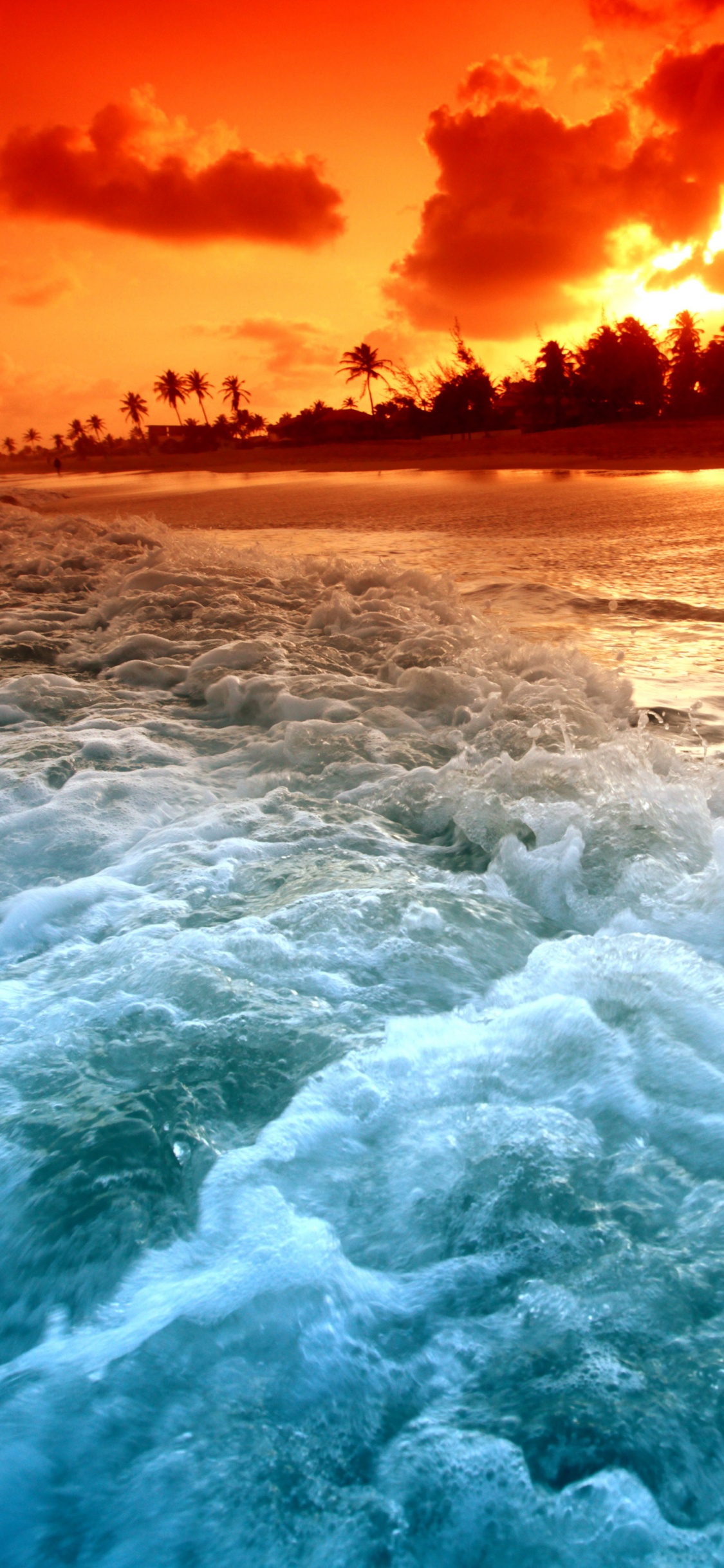 Les Vagues de L'océan S'écrasent Sur le Rivage au Coucher du Soleil. Wallpaper in 1125x2436 Resolution