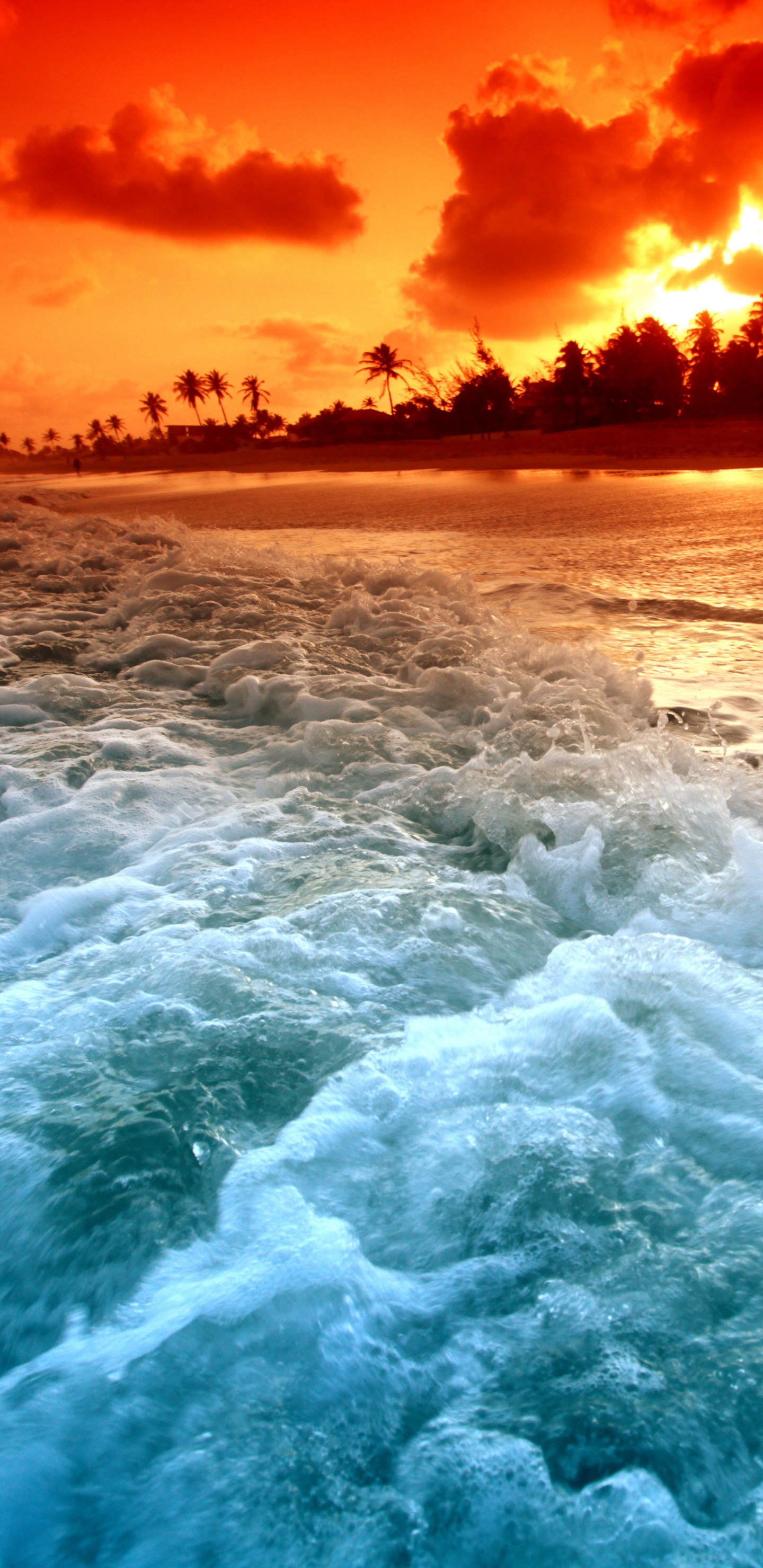 Les Vagues de L'océan S'écrasent Sur le Rivage au Coucher du Soleil. Wallpaper in 1440x2960 Resolution