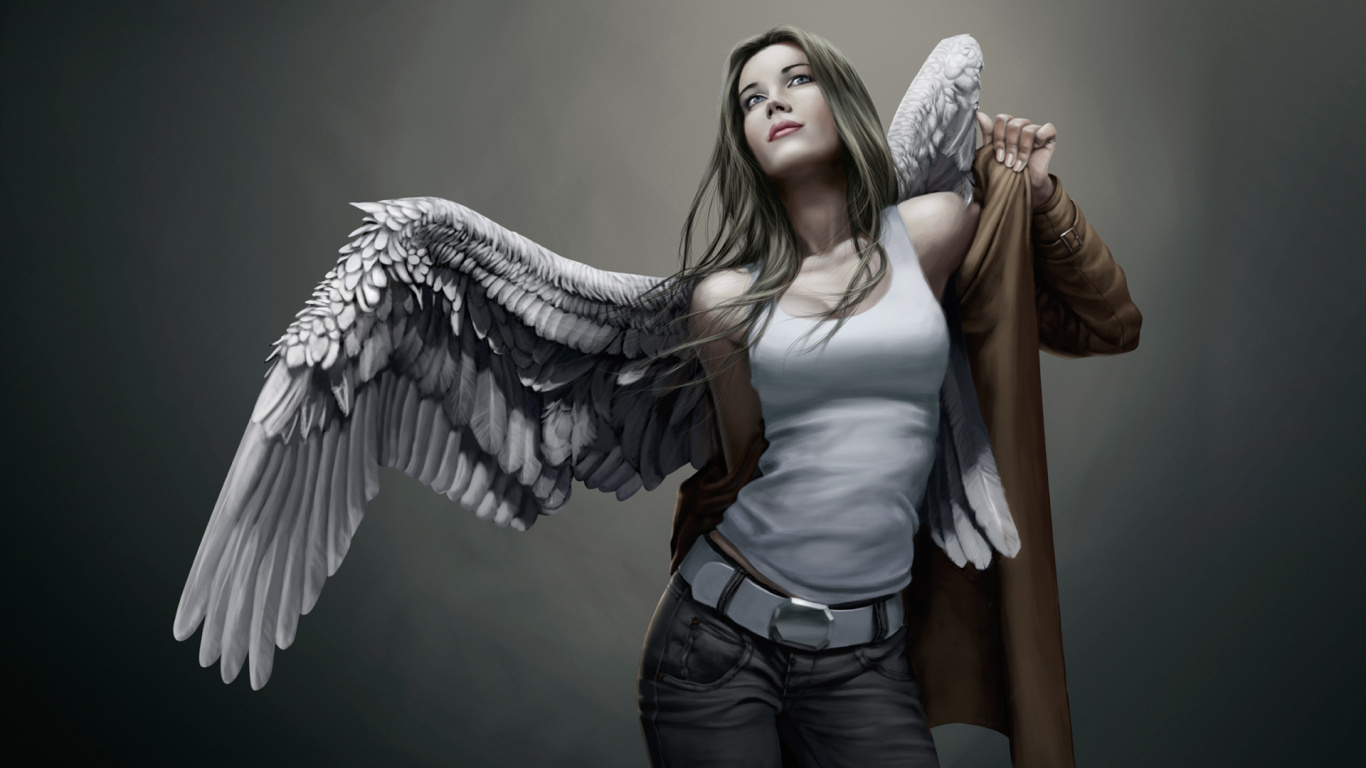 Woman in White Tank Top and Black Denim Jeans With White Wings. Wallpaper in 1366x768 Resolution