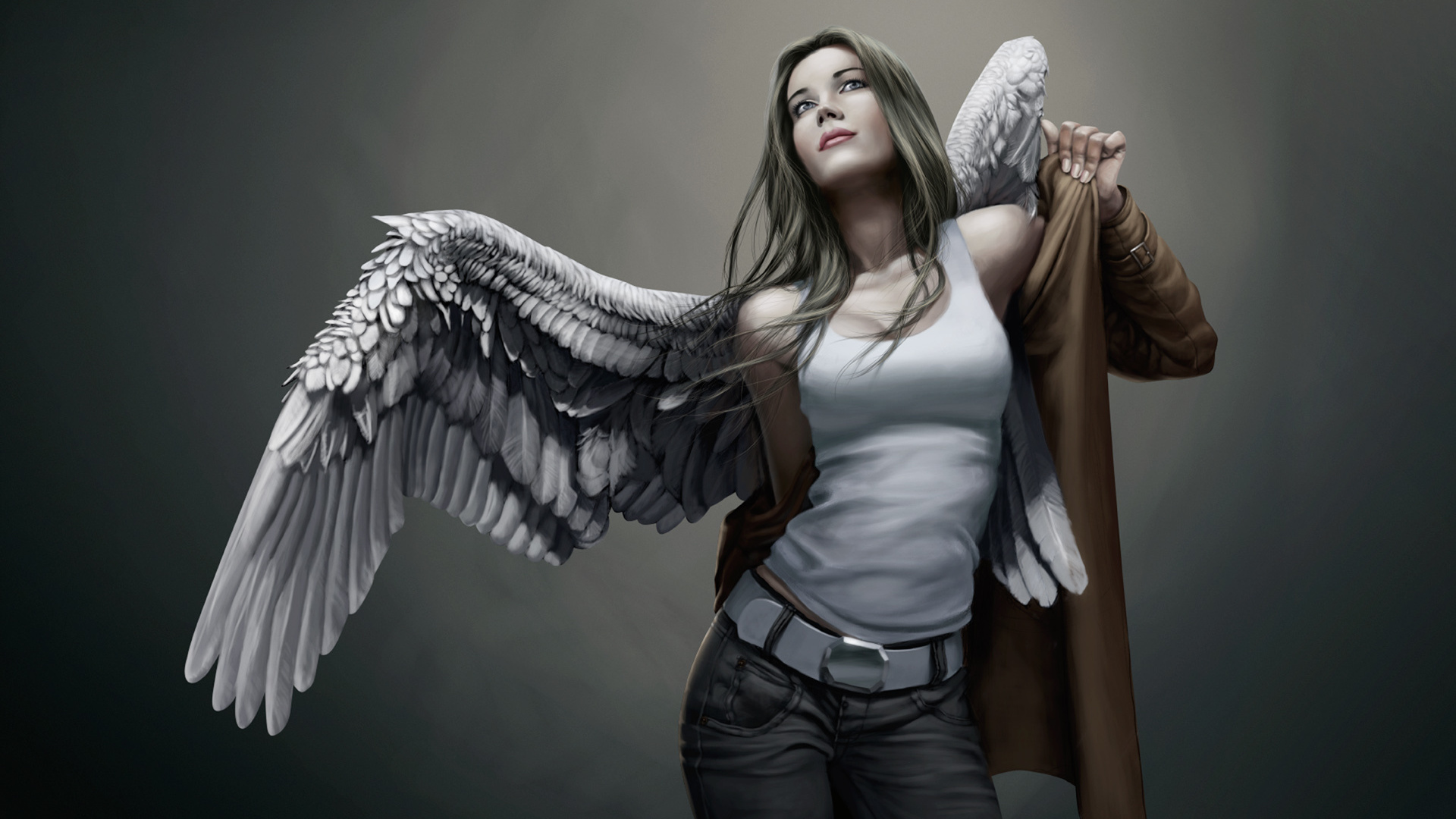 Woman in White Tank Top and Black Denim Jeans With White Wings. Wallpaper in 1920x1080 Resolution