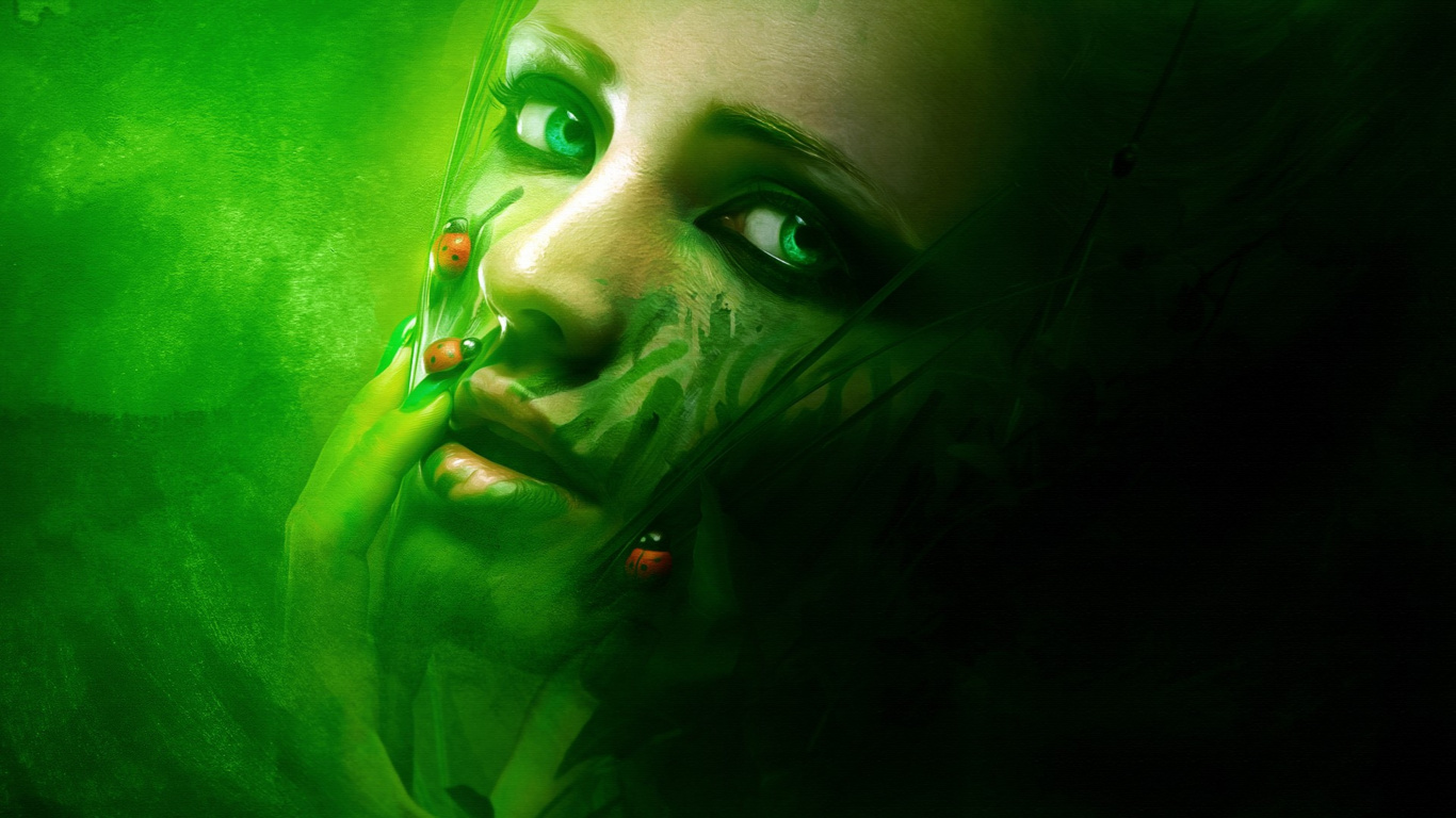 Visage de Femme Vert et Noir. Wallpaper in 1366x768 Resolution