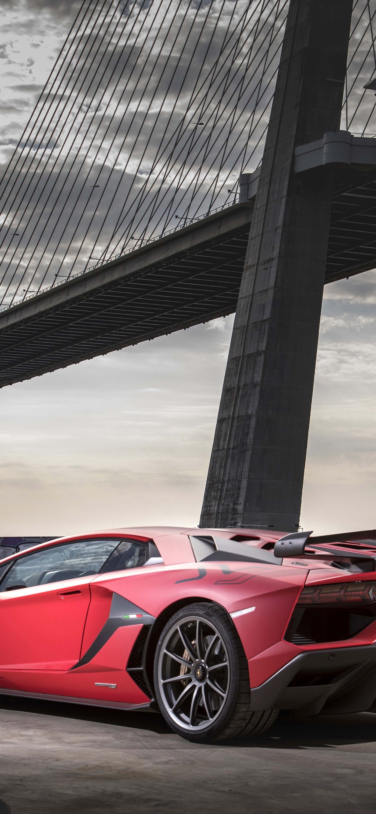 Ferrari 458 Italia Rojo Estacionado Cerca Del Puente. Wallpaper in 1242x2688 Resolution