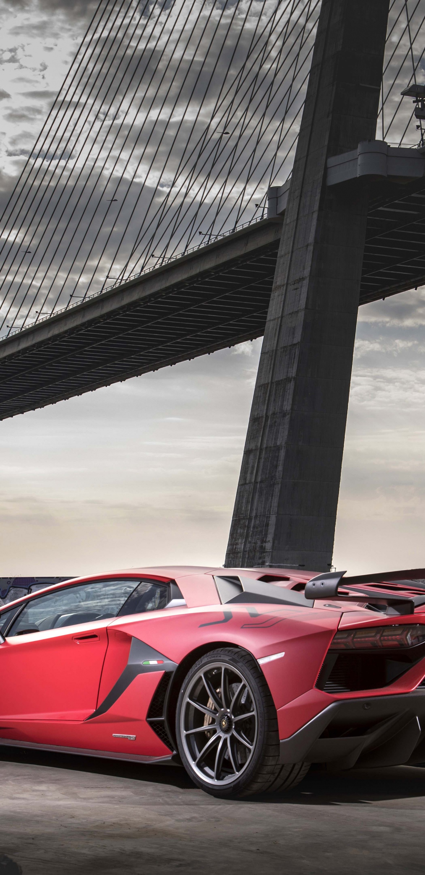 Roter Ferrari 458 Italia in Der Nähe Der Brücke Geparkt. Wallpaper in 1440x2960 Resolution