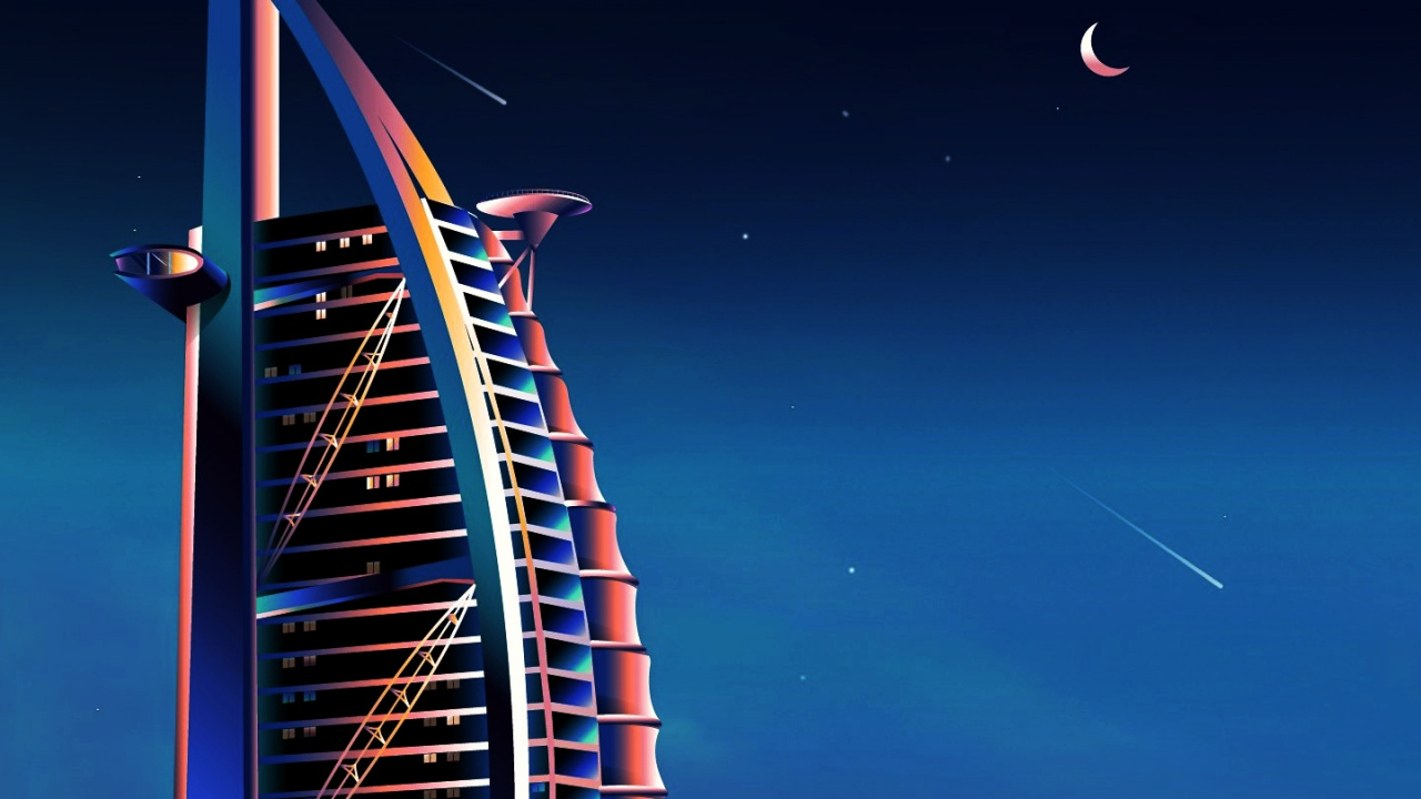 Dubaï, Vaporwave, Nuit, Atmosphère, Tour de Bloc. Wallpaper in 1280x720 Resolution