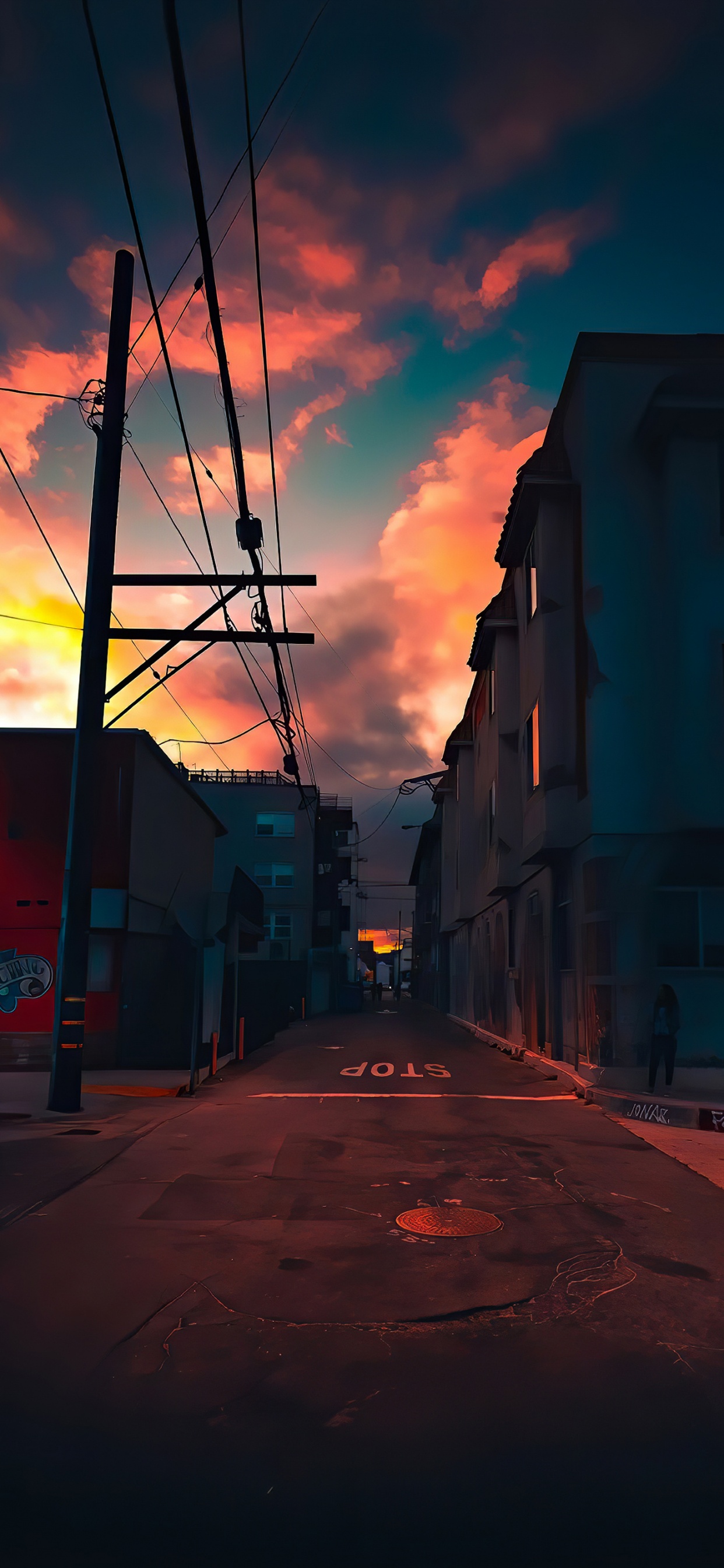 Sonnenuntergang, Abend, Afterglow, Orange, Overhead Power Line. Wallpaper in 1242x2688 Resolution