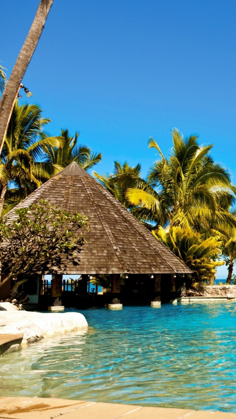 Brown Wooden Beach House Near Palm Trees During Daytime. Wallpaper in 750x1334 Resolution