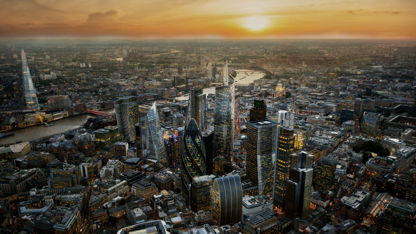 London, Londoner Skyline, Splitter, 30. Marienaxt Die Gurke, Skyline. Wallpaper in 1366x768 Resolution